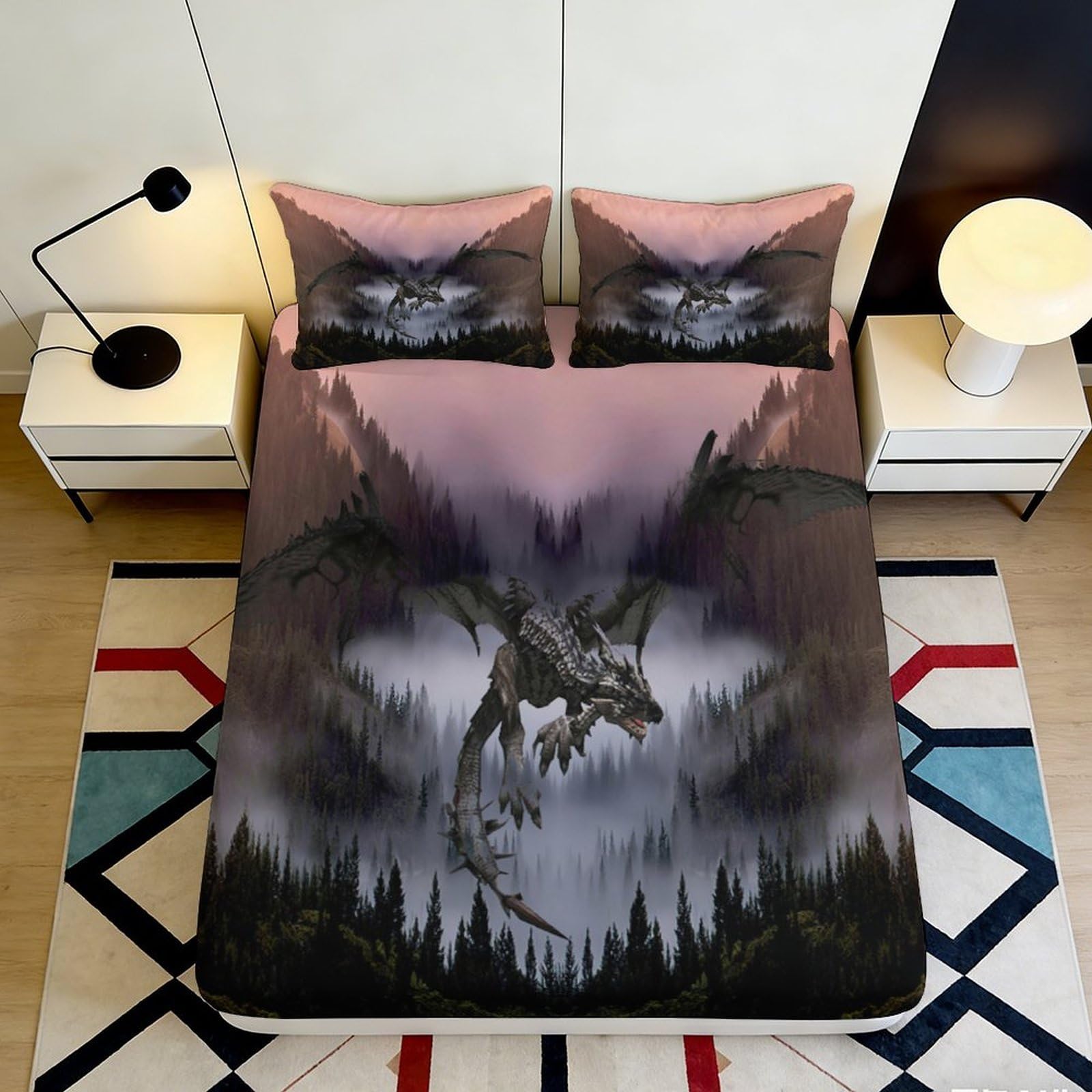 3D Printed Dragon Forest Fitted Sheet Microfiber Soft Breathable Fantasy Mattress Cover for Bedroom Dorm Dormitory Guest Room Protection Decoration 120x200x25cm