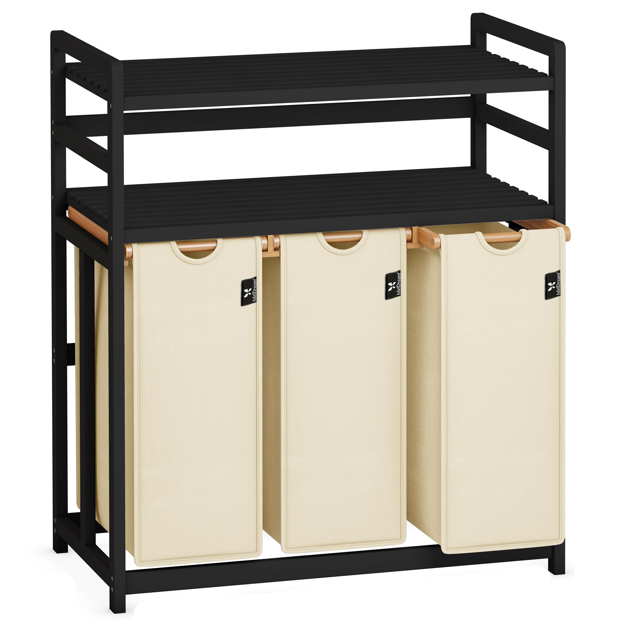 AdelDream Laundry Basket, 150 L, 3 Compartments, Laundry Hamper, 2 Shelves, Bamboo