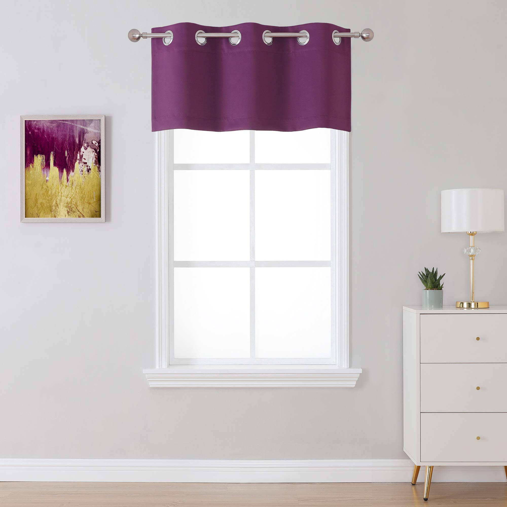 SeeGlee Plum Purple Blackout Thermal Insulated Kitchen Curtain Valances Grommet Top Solid Window Drapes for Living Room(W 36 X L 16 Inches,1 Pack)