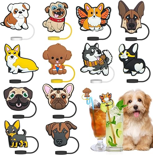 Fantasyon Paquete de 12 fundas de popote reutilizables, para temática de perros, a prueba de polvo, para popote de 6 a 0.315 in, protector para el