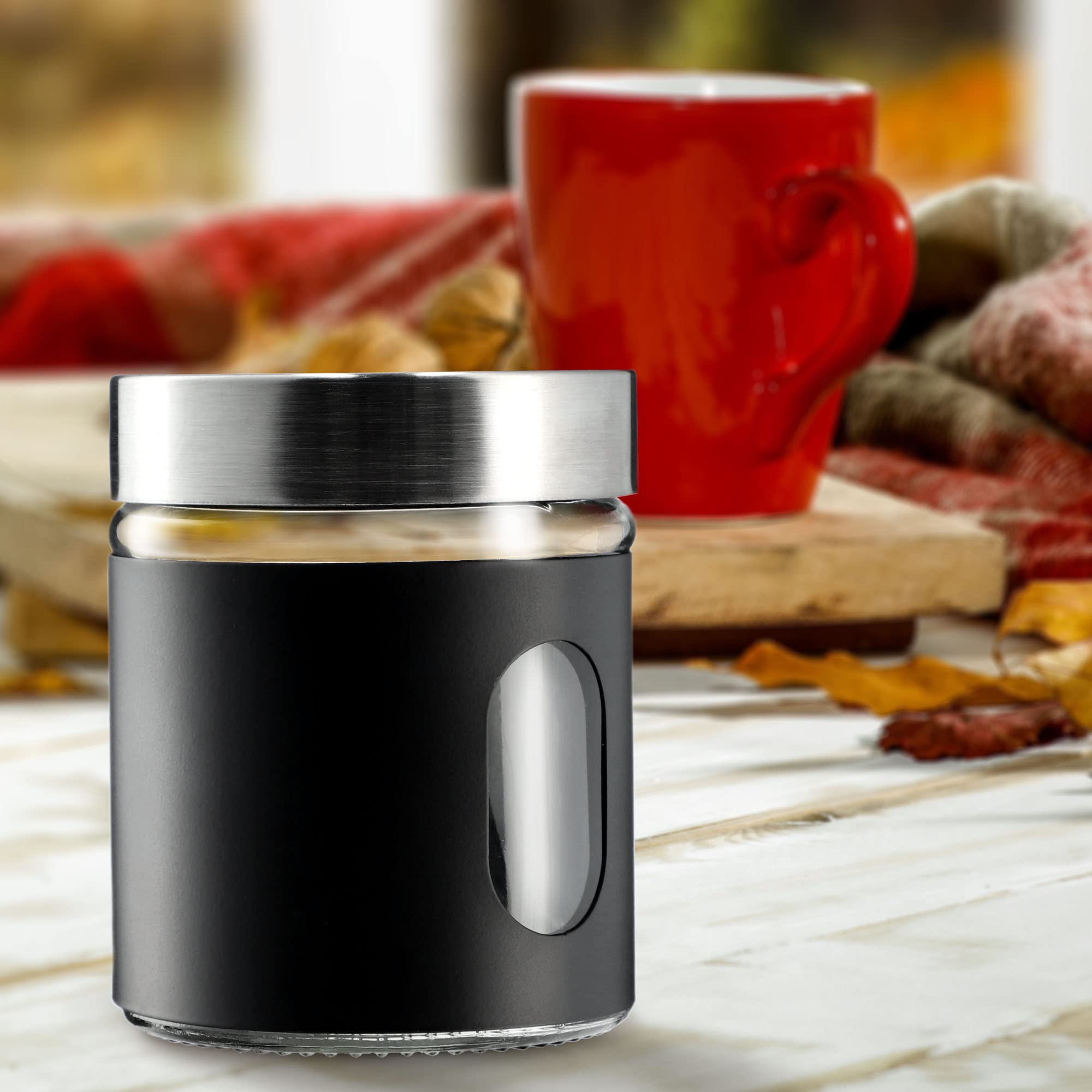 KADAX Contenitore da cucina, 320 ml, in vetro e acciaio inox, con tappo a vite, contenitore per farina, zucchero, caffè (nero)