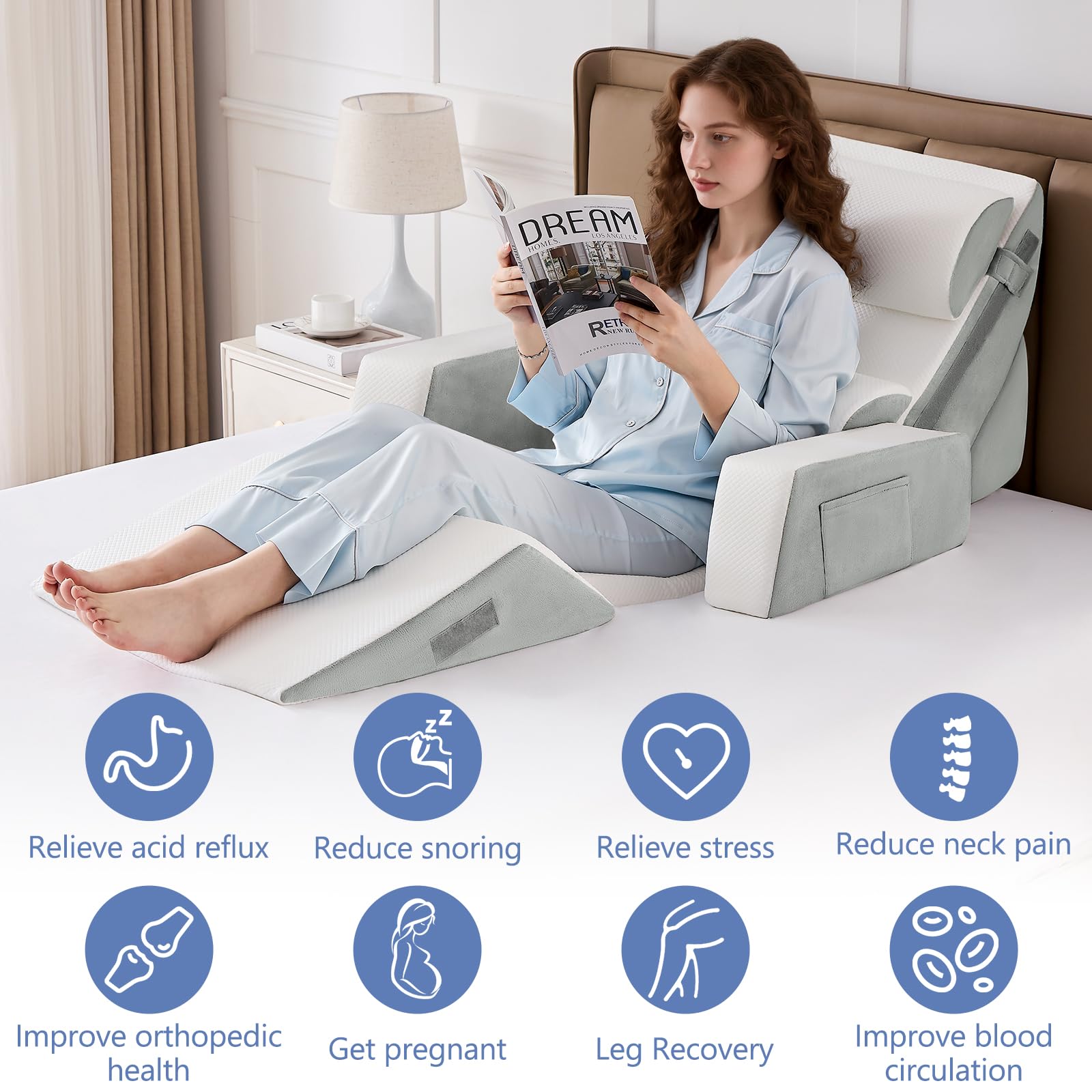 9PCS Orthopädische Bett Keil Kissen Set,Post Chirurgie Schaum Kissen für Körper, Rücken und Beine Schmerzlinderung,Justierbare Stützkissen mit Säure Reflux Bed Wedge Memory Foam Hellgrau