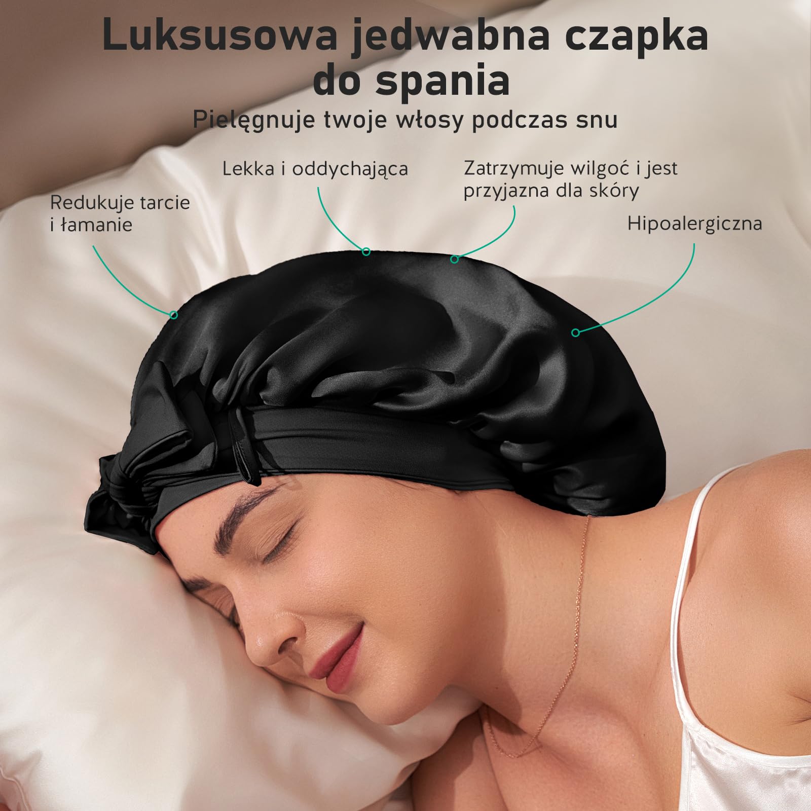 LitBear Śpiwór do spania ze 100% jedwabiu morwowego dla kobiet, 6A, 22 momme, duży, dwuwarstwowy czepek z prawdziwego jedwabiu z tasiemką do wiązania, antypoślizgowy jedwabny turban z jedwabną gumką