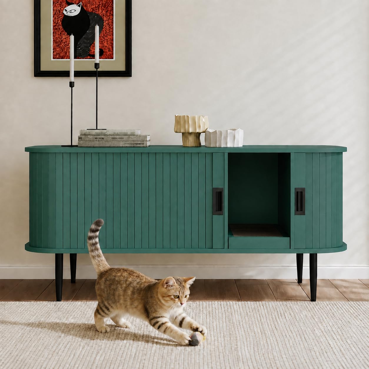 PUPETPO Cat Litter Box Enclosure Furniture with Sliding Tambour Door