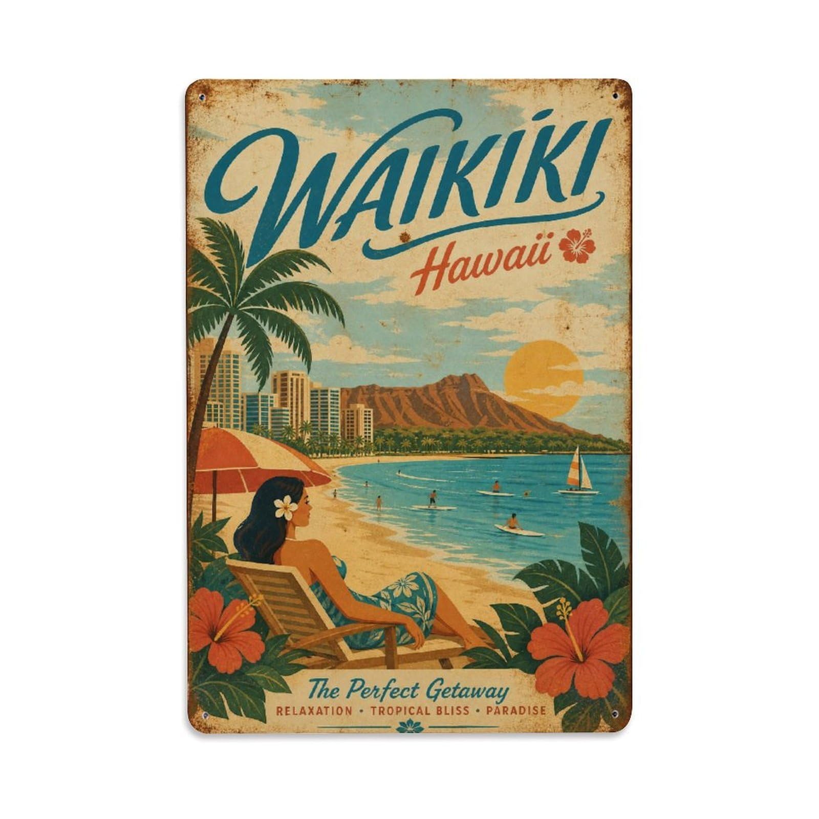 Heritage Travel Waikiki Hawaii Island Getaway Landmark Metal Tin Sign