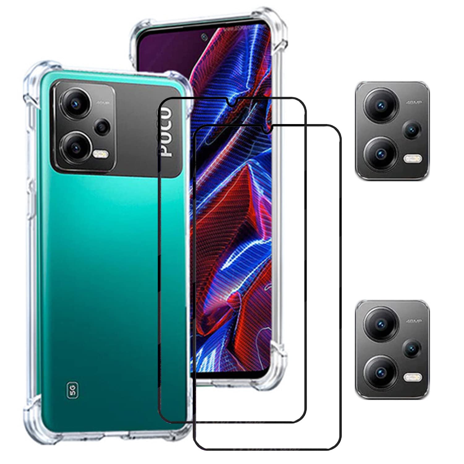 Lukione [1+2+2 Pack] Compatible with Xiaomi Poco X5 5G Tempered Glass Screen Protector & Case & Camera Lens Protector, Clear Transparent Cover HD Full Screen Tempered Glass Film (Clear)