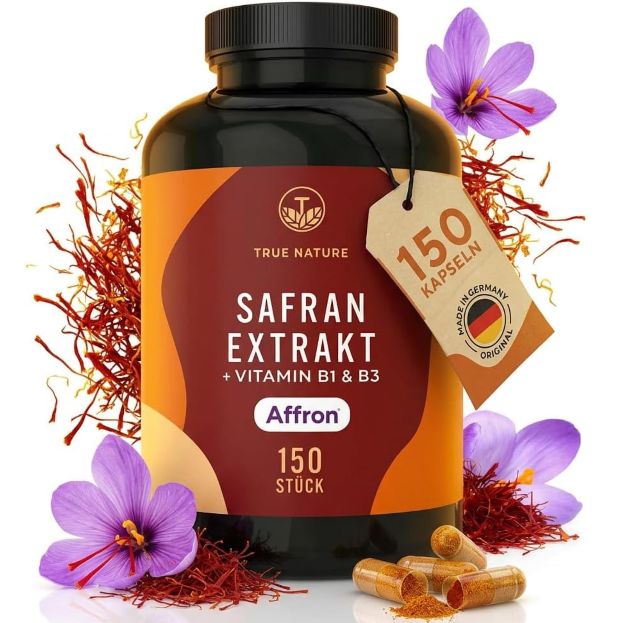 Safran Kapseln – 150 Kapseln (30 mg Affron® pro Tag) – Safranextrakt 3:1 - 3,5% Lepticrosalide - Vitamin B1 & B3 tragen zur normalen psychischen Funktion bei - Ohne Zusätze - TRUE NATURE®