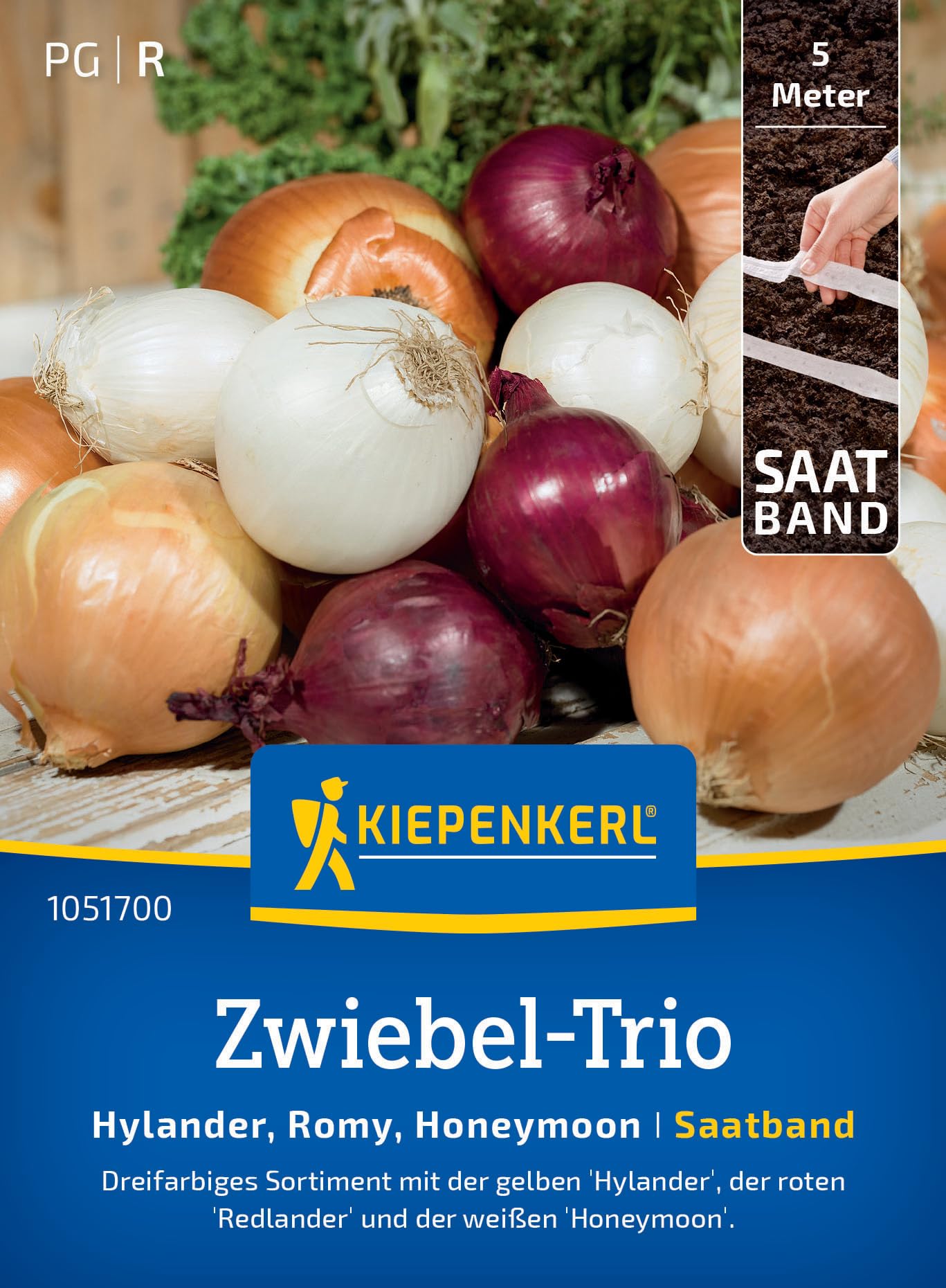 Kiepenkerl Zwiebel-Triosamen Hylander, Romy, Honeymoon 1051700 - Gemüsesamen für drei verschiedene Zwiebelsorten mit einer Wuchshöhe von 30 bis 40 cm - Saatband
