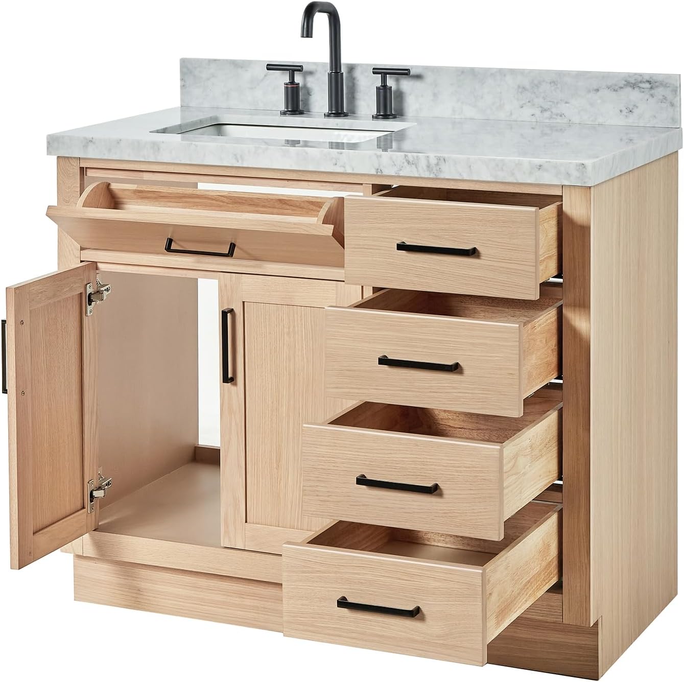 DKB Isabella 42-Inch Oak Single Bathroom Vanity with Sink, Italian Carrara Marble Countertop & 1.5-Inch Edge, Rectangular Undermount Sink, Soft Closing Doors & Drawers, Matte Black Hardware