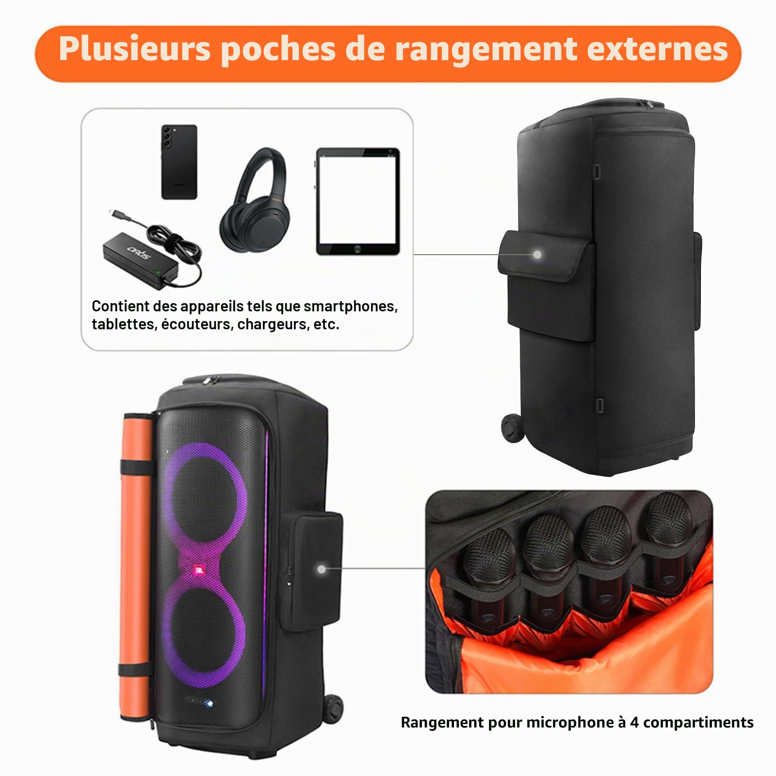 Housse anti-poussière pour haut-parleur de voyage compatible avec JBL PartyBox 710, housse de protection anti-poussière avec plusieurs ports pour ranger microphones et accessoires