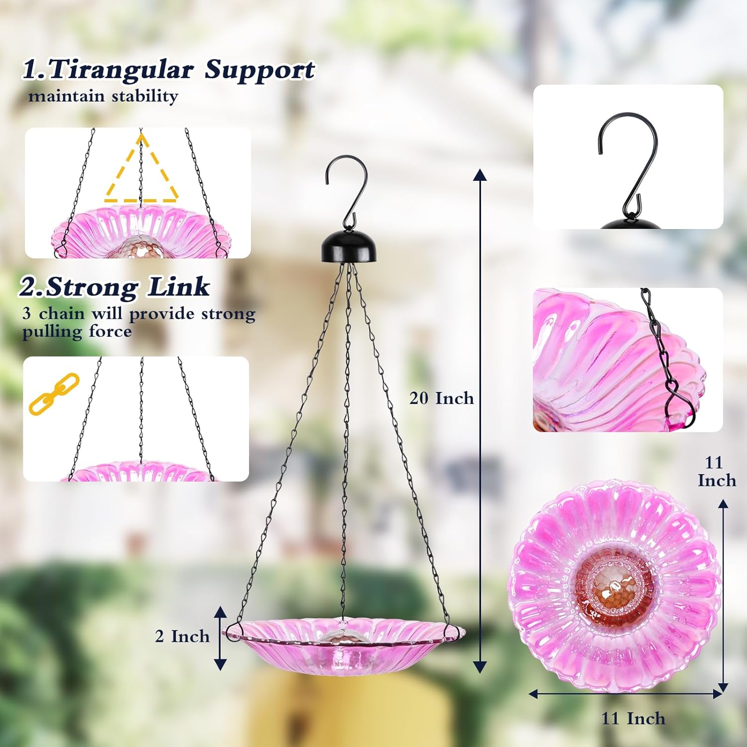 MUMTOP Hanging Bird Bath-Bird Baths for Outdoors - 12 Inch Glass Bird Water Bowl Bird Feeders for Outside, Garden, Lawn Yard Decor（Pink）