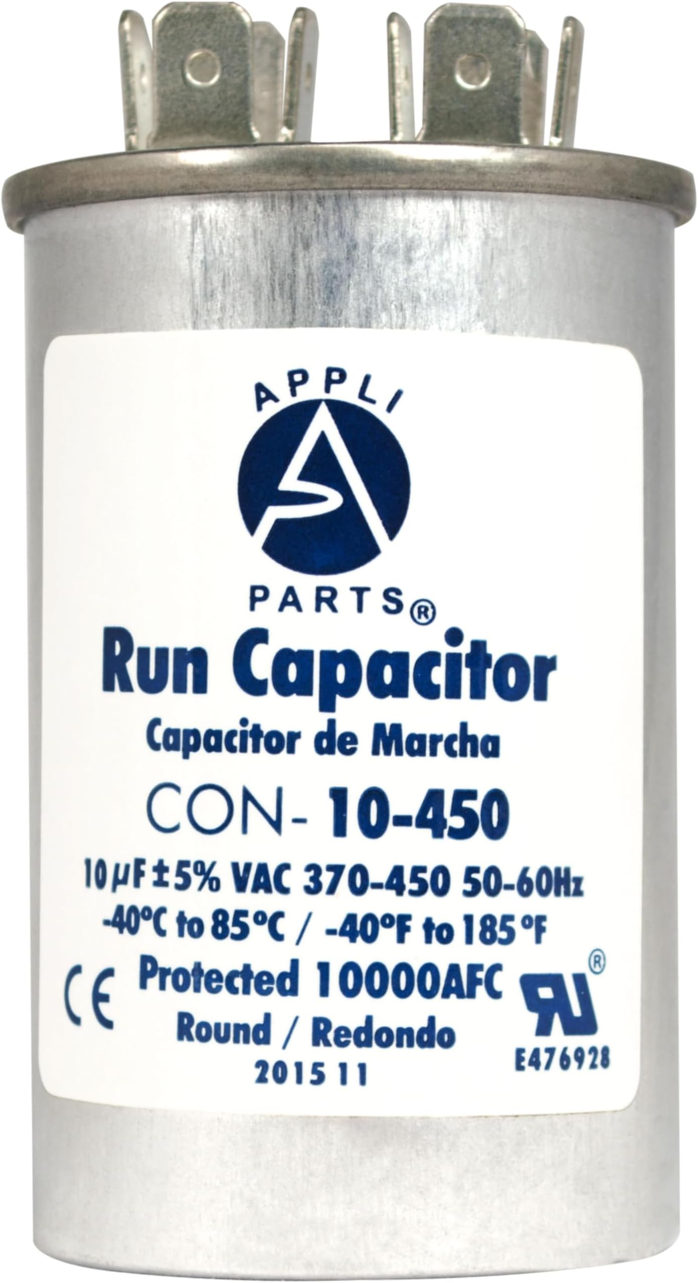 Appli Parts Run Capacitor for ac 10 Mfd uF (microfarads) 370 VAC or 450 VAC CBB65 Round Universal fit for hvac and other applications 3 in High 1-1/2 in Wide CON-10-450