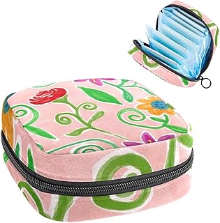 Bolsa de almacenamiento para almohadillas de servilletas sanitarias, menstrual, organizador de bolsas para almohadillas femeninas, tampones, pintura colorida, arte floral de plantas rosa