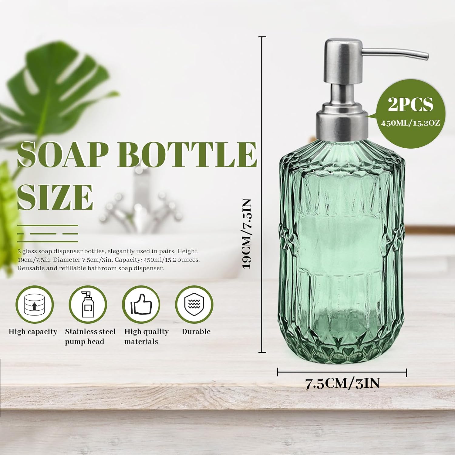 2Pcs Glass Soap Dispenser with Stainless Steel Pump, 15.2oz Vintage Bathroom Liquid Hand Soap Dispenser, Refillable Kitchen Hand and Dish Set, Green