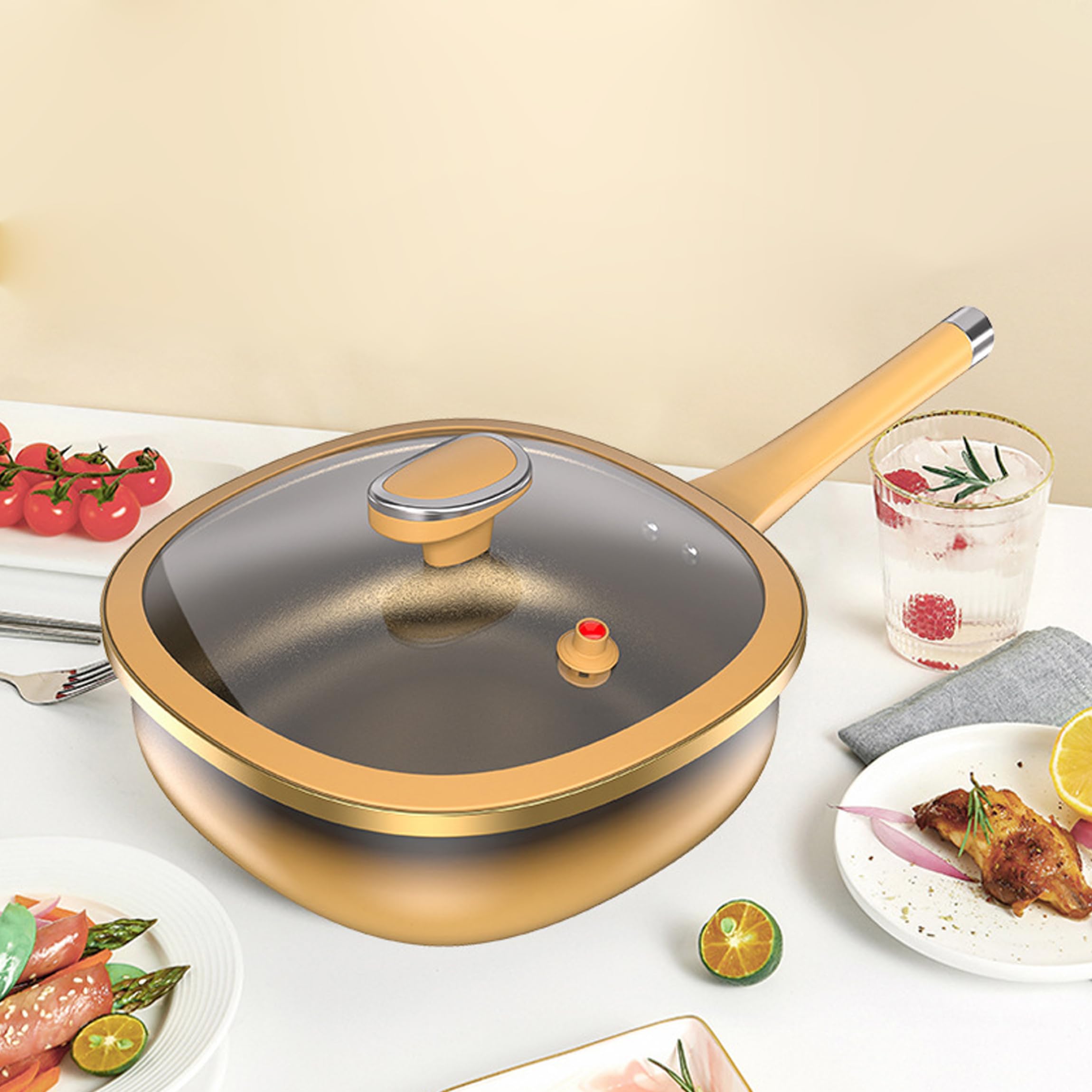 Sartén con tapa, sartén antiadherente de titanio, amarilla clara de 11, 81 pulgadas con tapa para saltear