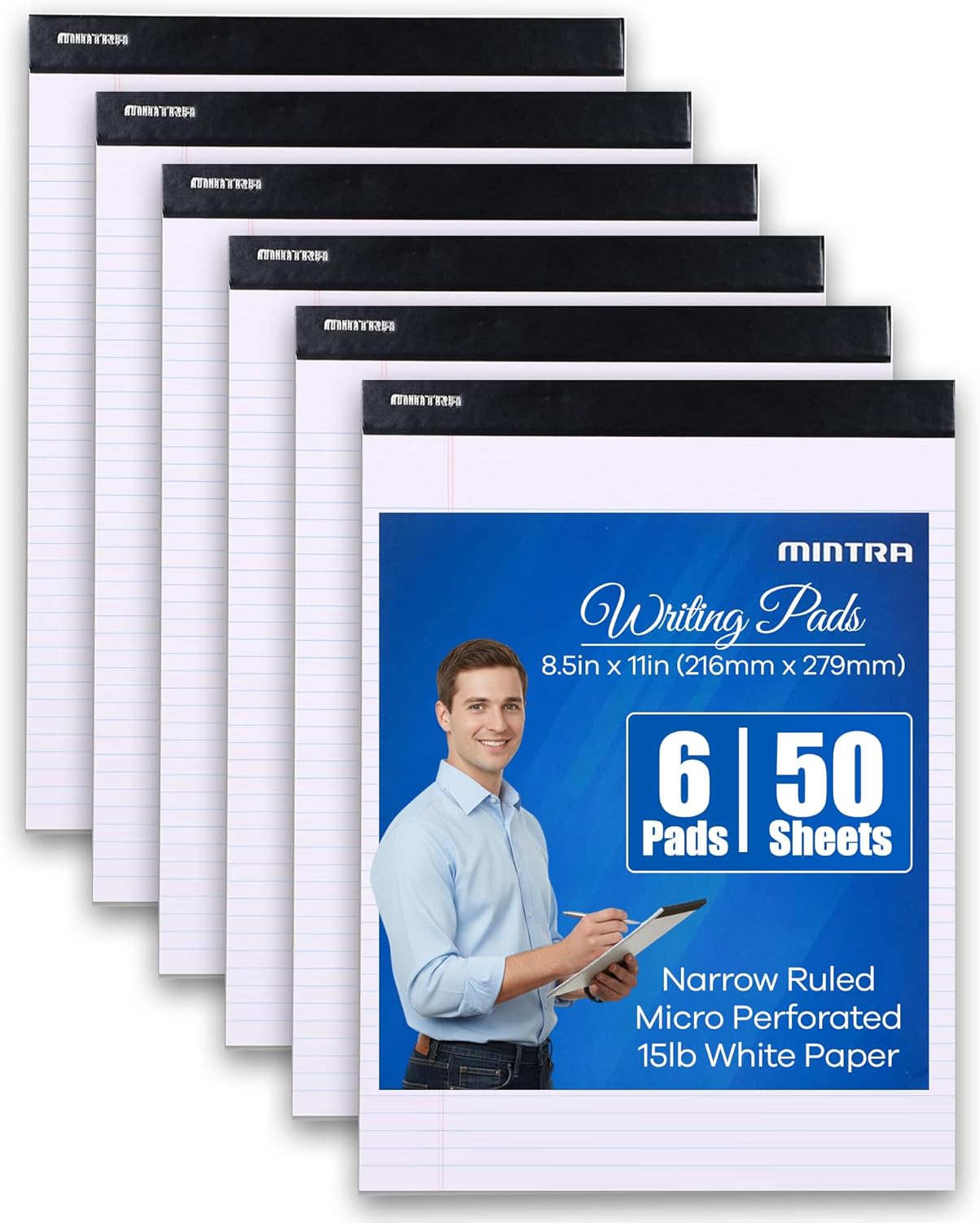 Mintra Office White Legal Pads – Ruled Notepads and Micro-Perforated Sheets, Ideal for Writing, Note-Taking & Creativity, Office, or Professional Use, Basic Pad 6 pack, 8.5"x11" (Narrow Ruled) - Image 3