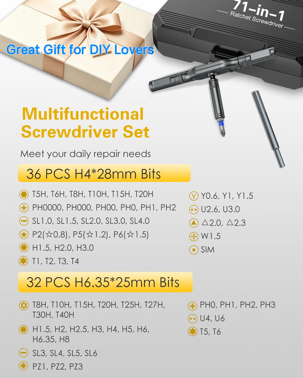 Bomivoi Set di cacciaviti magnetici 71 in 1, con cricchetto e cacciavite di precisione, manico modulare multi-posizione, punte in acciaio S2, magnetizzatore, kit di riparazione portatile per