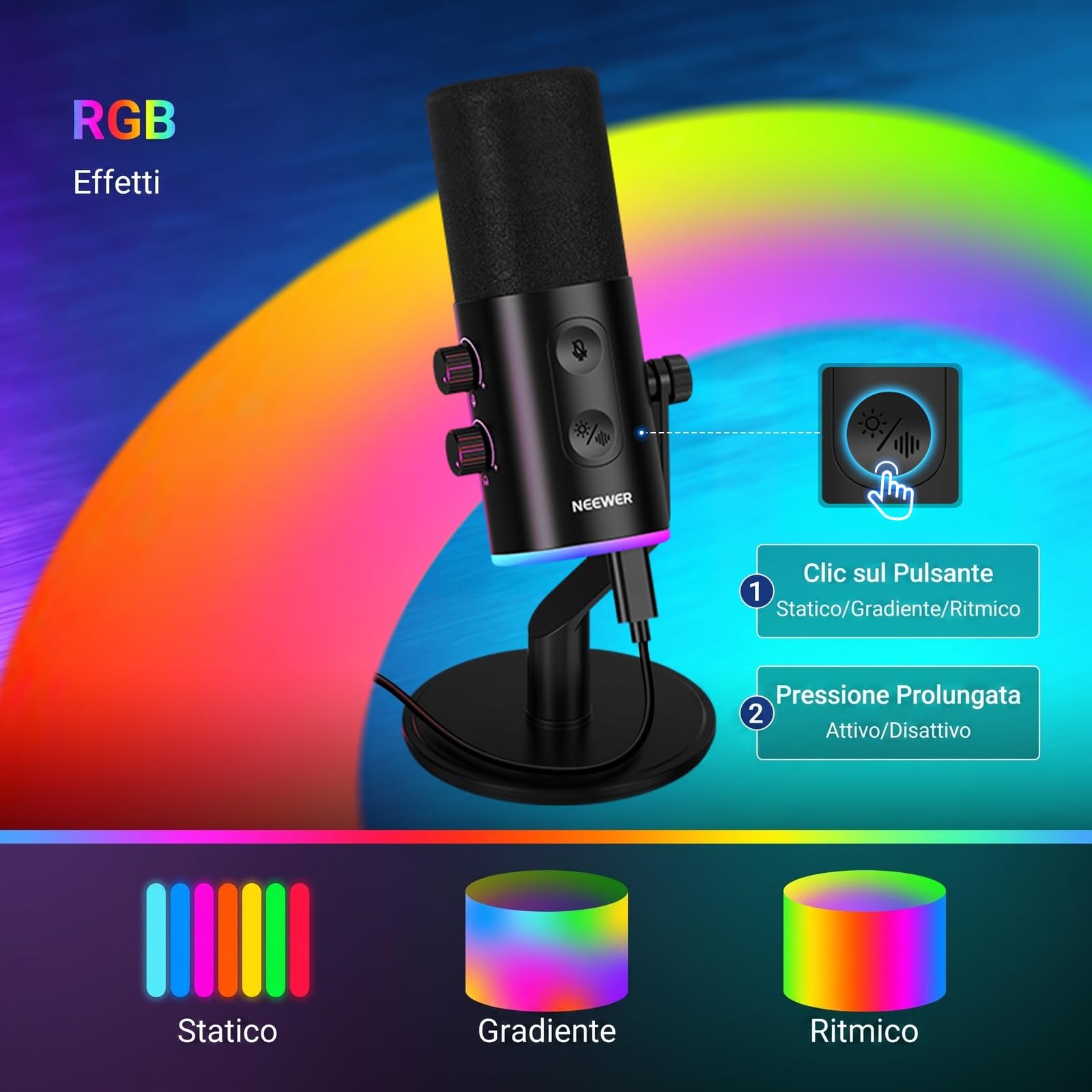 NEEWER DM03 Microfono Dinamico RGB USB/XLR con Muto Antirumore AI Controllo del Guadagno Mic e Volume Cuffie, Monitor TRS 3,5mm, Supporta App MIC/EQ/Sinc Musica per PC Video Gioco Podcast Canto