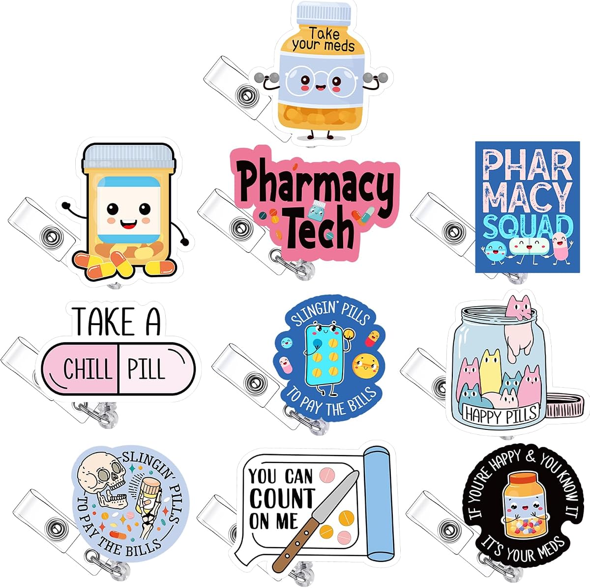 Wavwavw 10 carretes retráctiles para insignias de farmacia, divertidos regalos para técnicos de farmacia para Navidad, semana de enfermeras y suministros de agradecimiento al médico