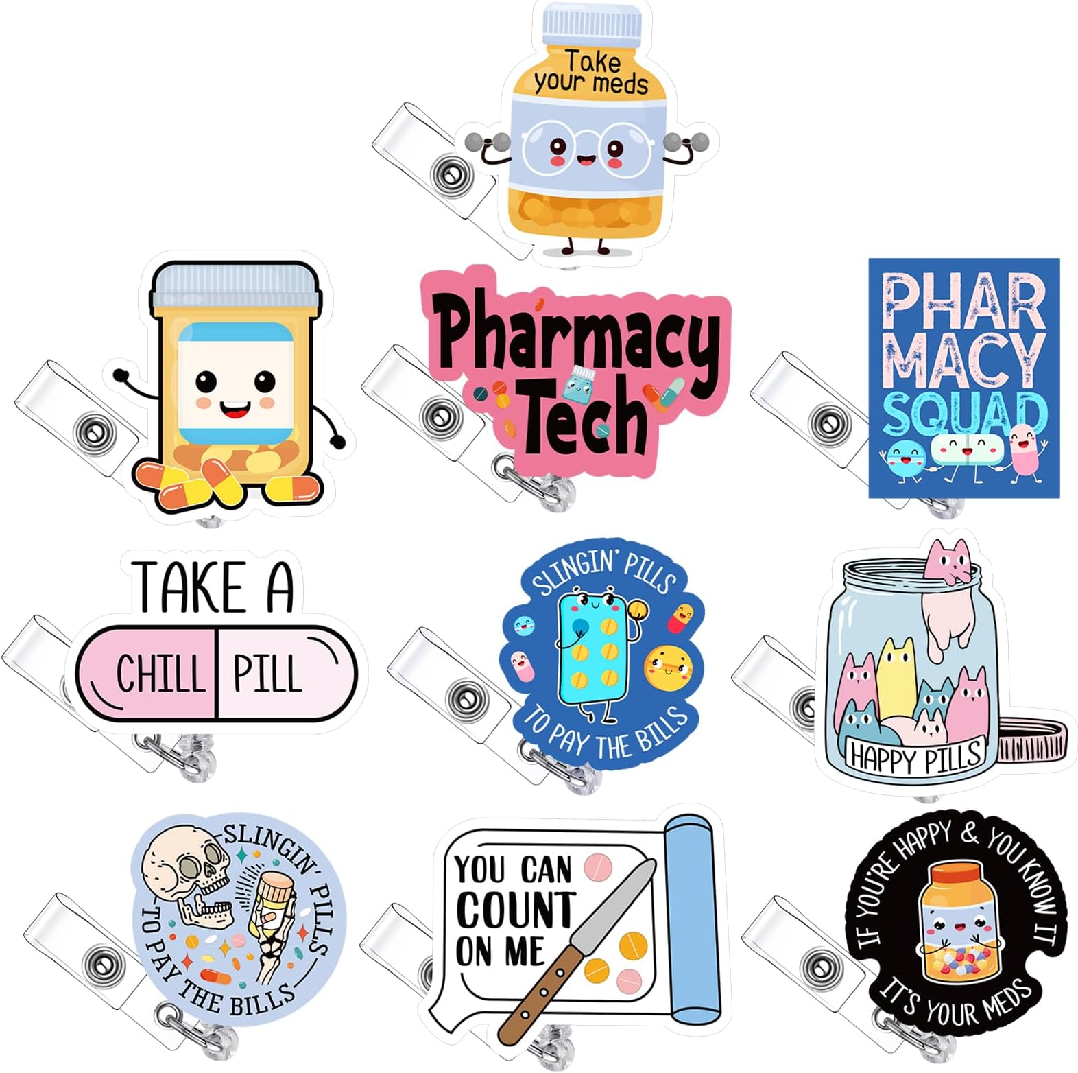 10 Pcs Pharmacy Badge Reel Funny Pharmacy Technician Gifts Nurse Badge Reel for Doctors Nurses Week Gift Supplies