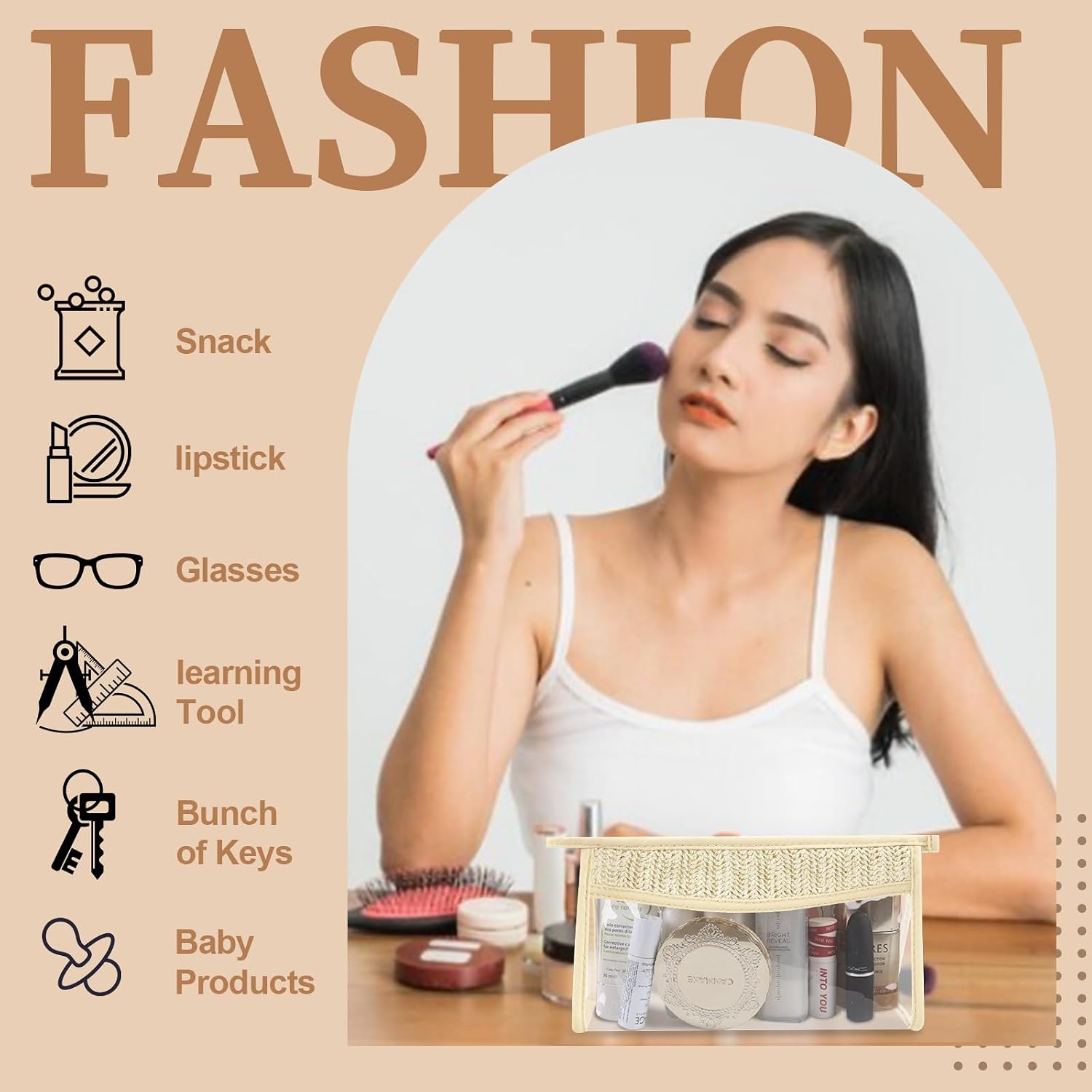 Small Boho Straw Clear Makeup Bags for Women&Girls, Zipper Cosmetic Bag Chenille Varsity Letter Patch Bag, Preppy Cute Toiletry Pouch, Trendy Organizer Storage Pouch for Beach Travel Essentials image 5