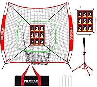 FILOMAX 7x7ft Baseball Softball Practice Net with Numbered Strike Zone & Adjustable Batting Tee - Portable Hitting Pitching Trainer