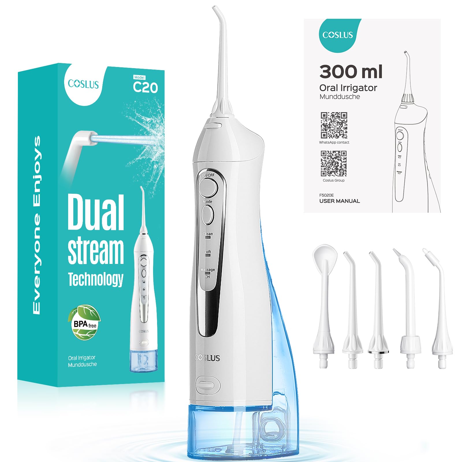 COSLUS Professional Water Flosser For Teeth Braces Gums Care, Cordless Oral Irrigador, Deep Cleaning, Rechargeable, Waterproof, BPA-Free, Portable, Home and Travel, White C20