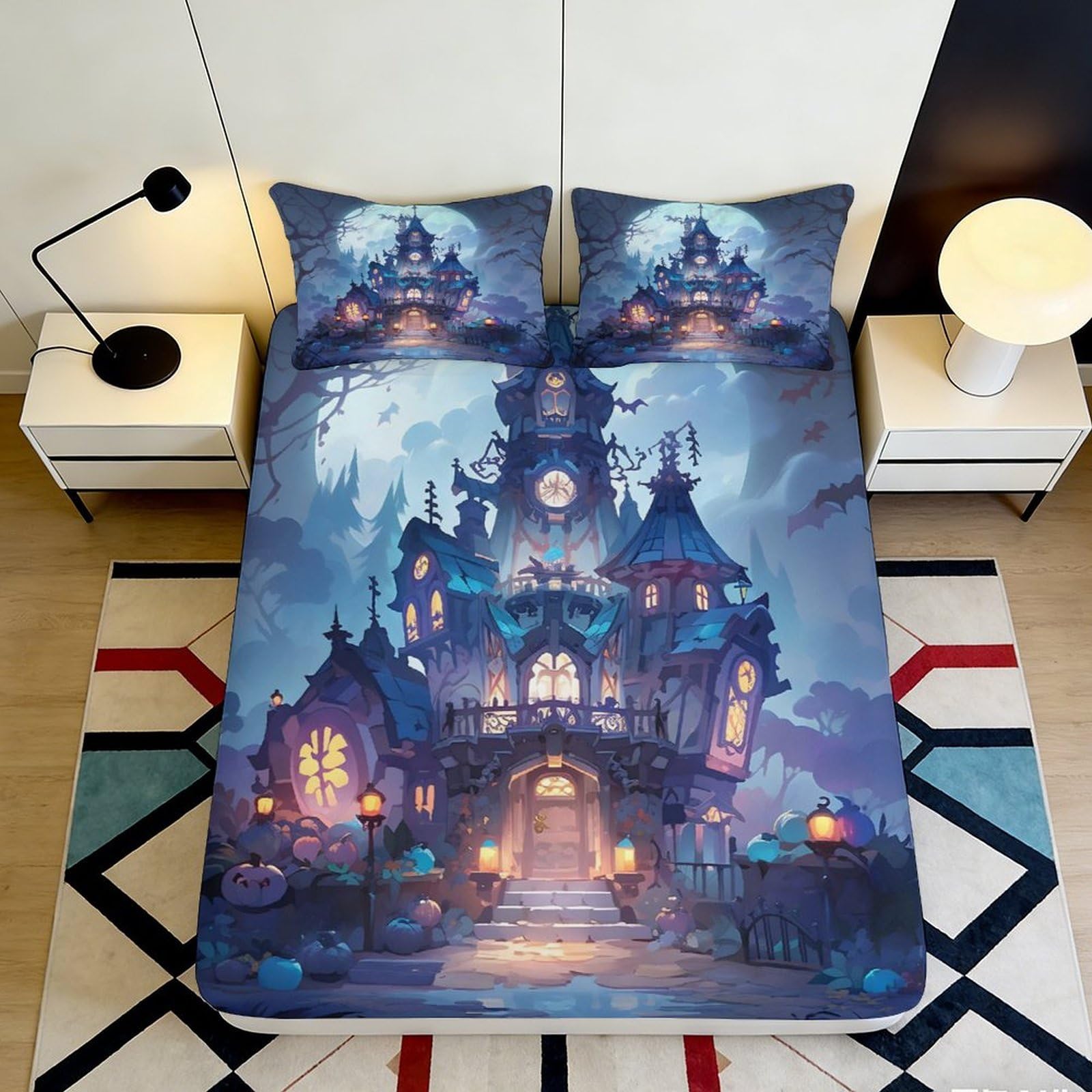 3D Printed Haunted Castle Fitted Sheet Microfiber Soft Decor Gothic Mansion Bed Cover for Bedroom Guest Room 90x200x25cm