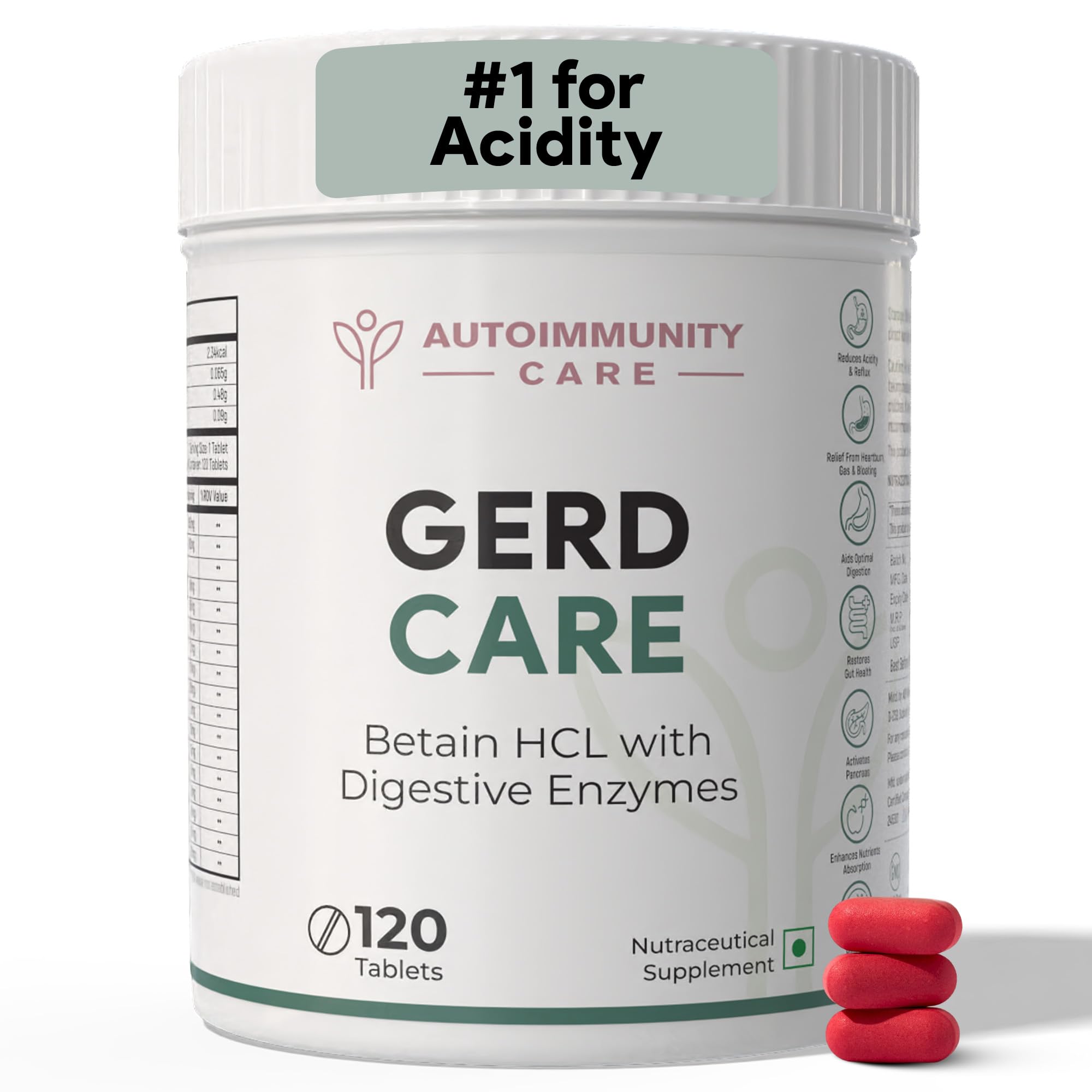 GERD Care – Betaine HCL with Pepsin & Enzymes | Supports Low Stomach Acid, Acid Reflux & Heartburn Relief | Acidity & Bloating Relief, Acidity Tablet for Acid Reflux & Heartburn Relief | 120 Tabs