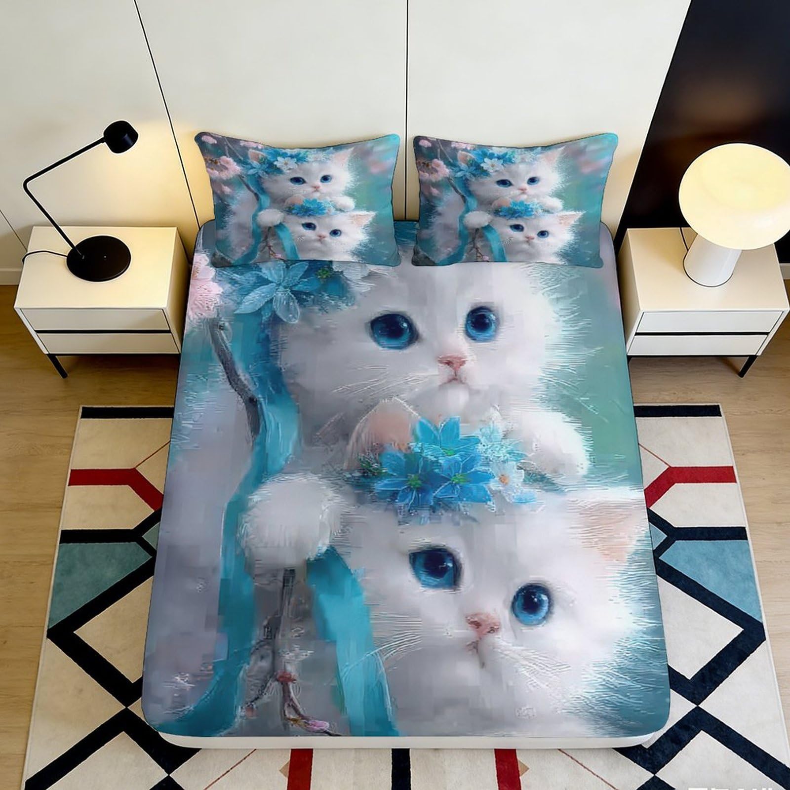 Uxinyoume Style-8 3D Printed White Cute Cat Fitted Sheet Microfiber Soft Blue Bow Bed Cover For Bedroom Guestroom Decor 90X200x25cm