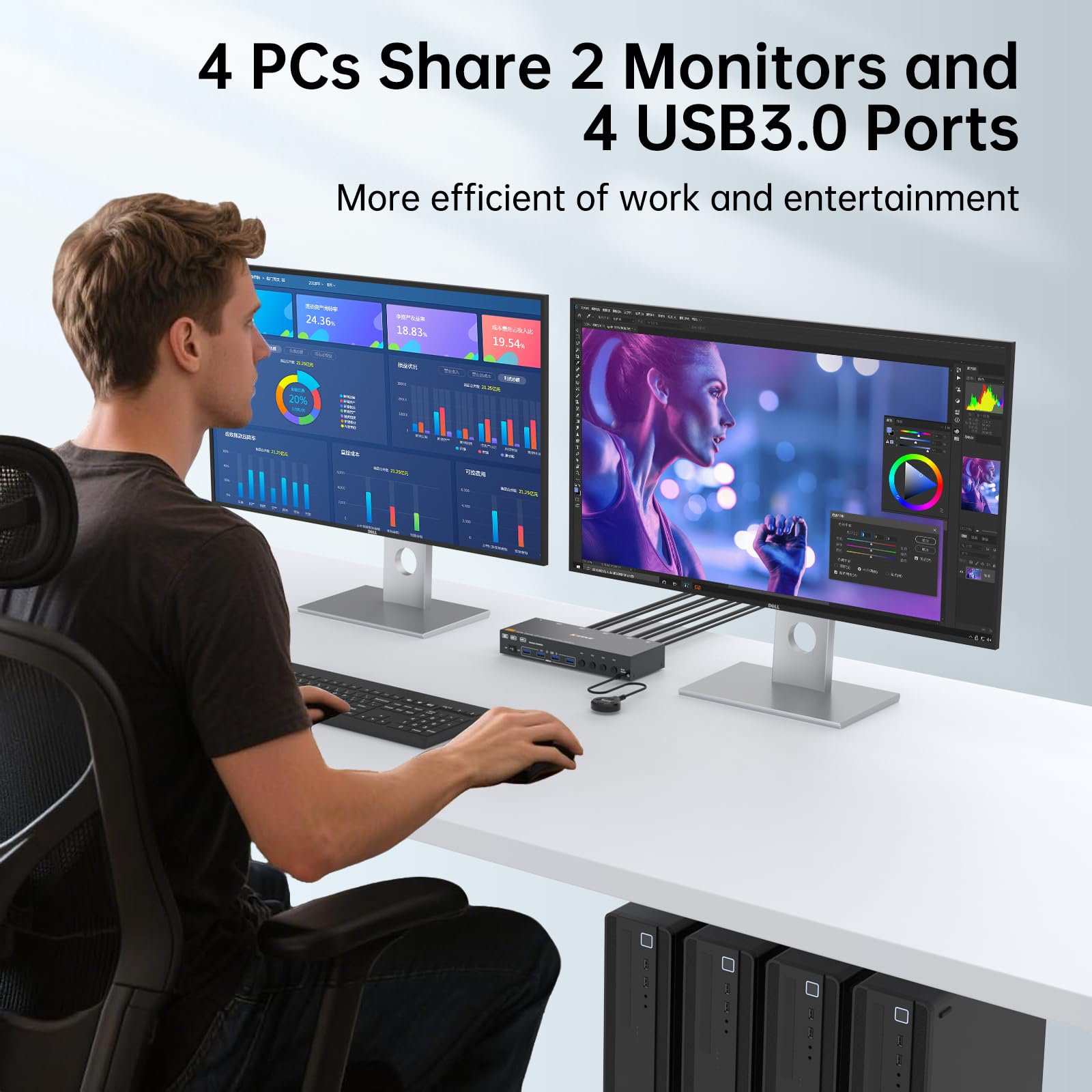 Przełącznik KVM 8K przy 60 Hz, ESKEVE 4K przy 144 Hz HDMI Displayport Przełącznik KVM 4 PC 2 monitory dzielą 2 monitory i 4 urządzenia USB, zasilacz przewodowy i 4 kable USB 3.0 w zestawie