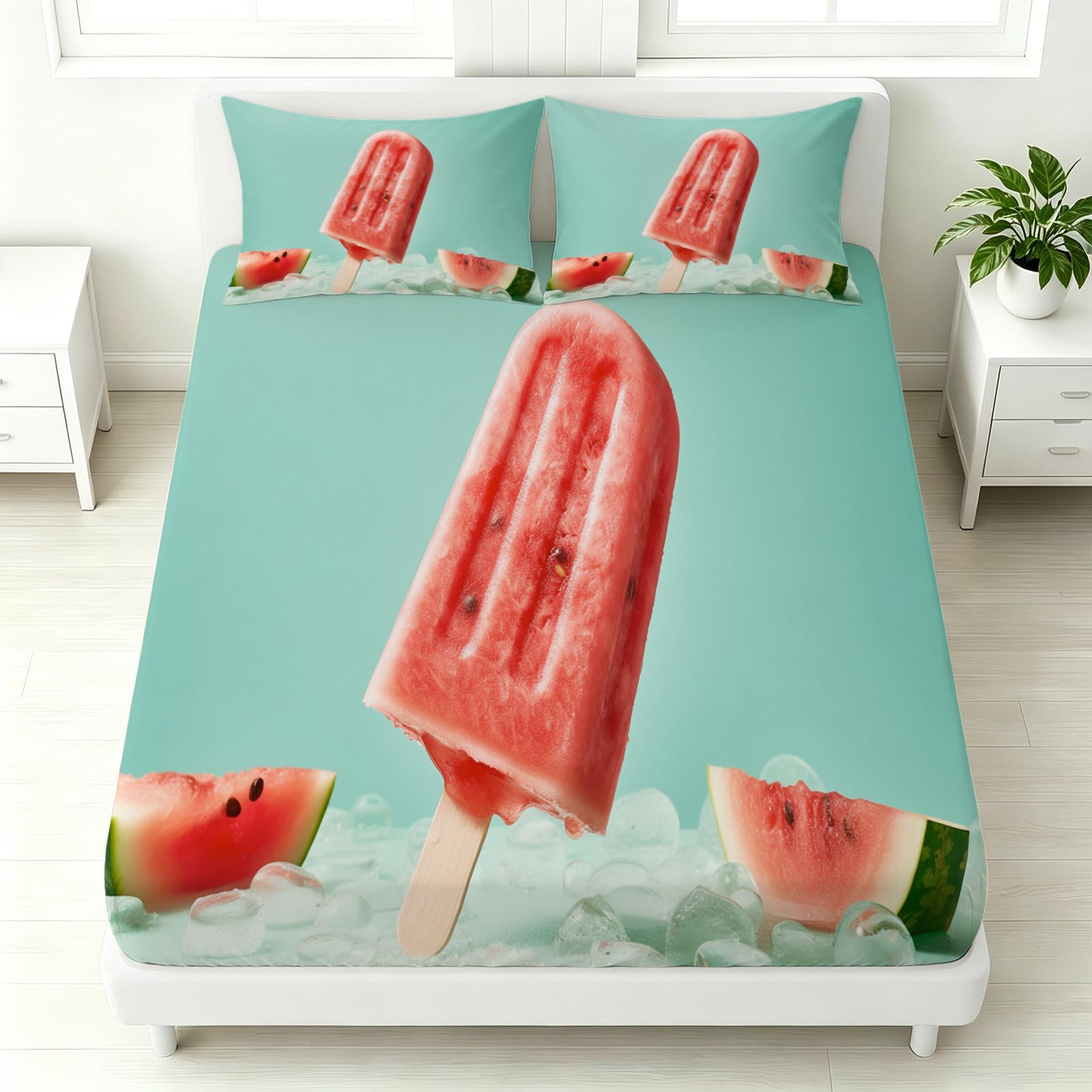 Sábana Bajera Ajustable 180 x 200 Helado de Sandía Tema de Verano