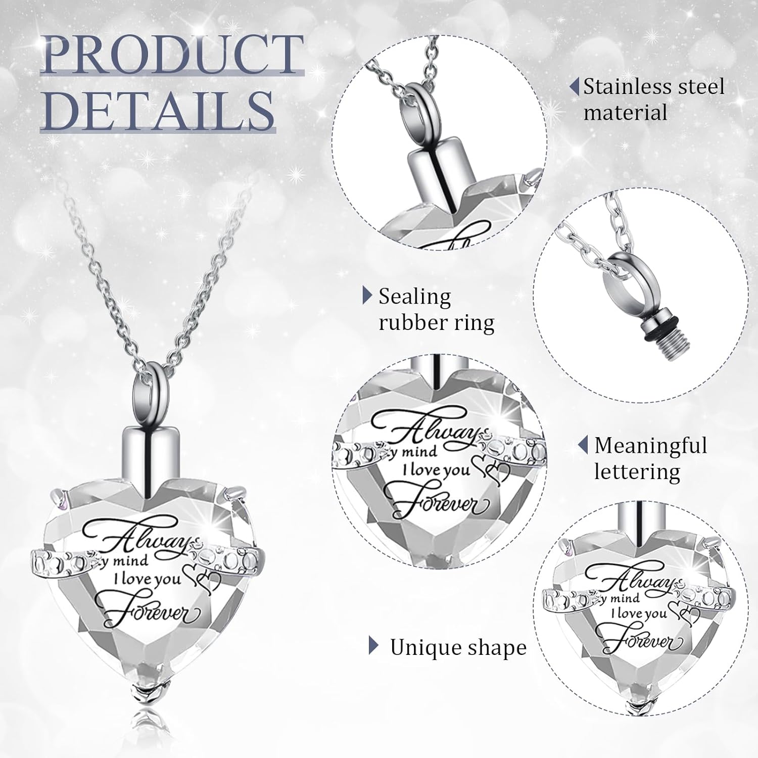 Huquary 16 Pcs Urn Necklace for Ashes Waterproof Stainless Steel Carved Ashes Locket with 8 Filling Kit Heart Cylinder Cross Cubic Fish Hook Jewelry for Ashes with Wing Diamond for Men Women