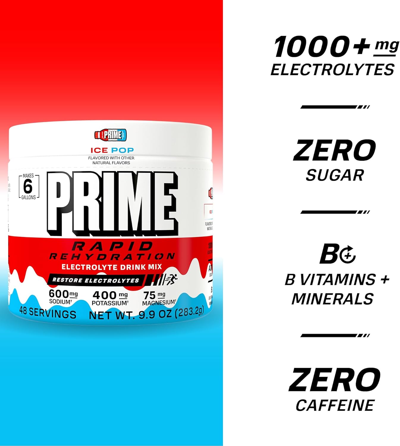 Prime Rapid Rehydration Electrolyte Powder, Ice Pop, Sugar Free Hydration Drink Mix with Sodium, Potassium, Magnesium & B Vitamins to Replenish Fluids, Caffeine Free, 6 Gallon Tub, 48 SRV