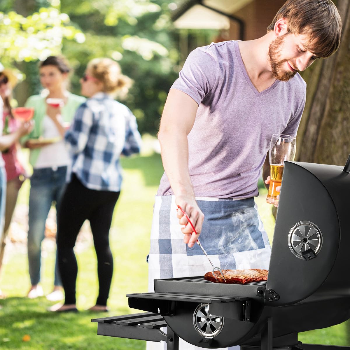 DEWINNER Barbecue a Carbonella con Griglia,girarrosto per pollo rimovibile,guanti antiscottatura e pinza in omaggio,ideale per giardino/terrazza/campeggio (Modello base)