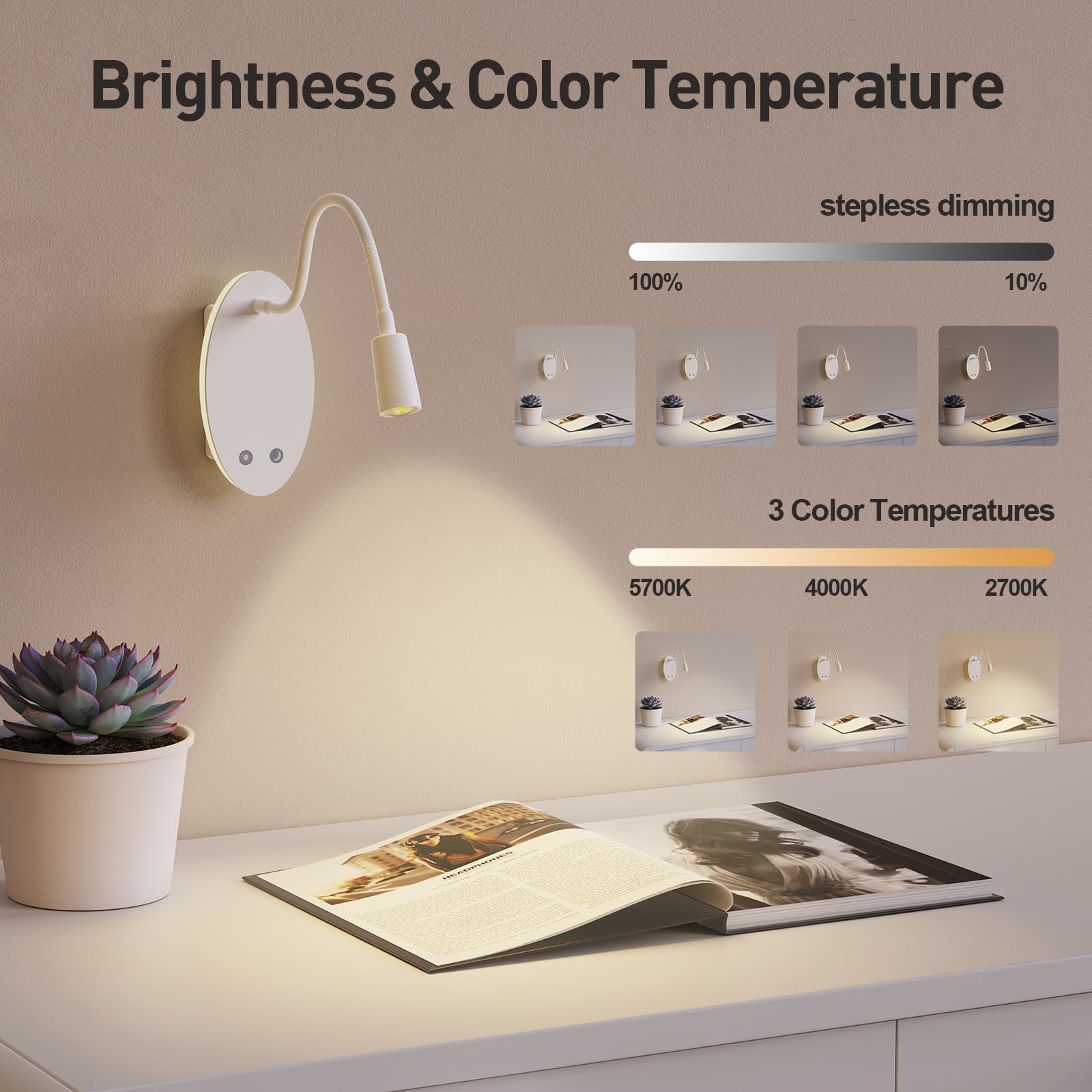 Luz LED para libros montada en la pared, luces de lectura para libros en la cama, 3 regulables, salida USB, luz nocturna, recargable, flexible, cuello de cisne (1 unidad)