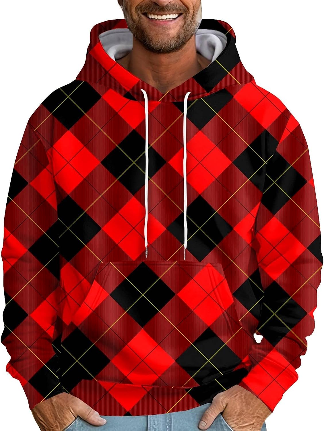 Ymosrh Men's Sweatshirts Casual Hoodies, Plaid Print Sweatshirts Long Sleeve Drawstring Pullover Hoodie, M-6XL