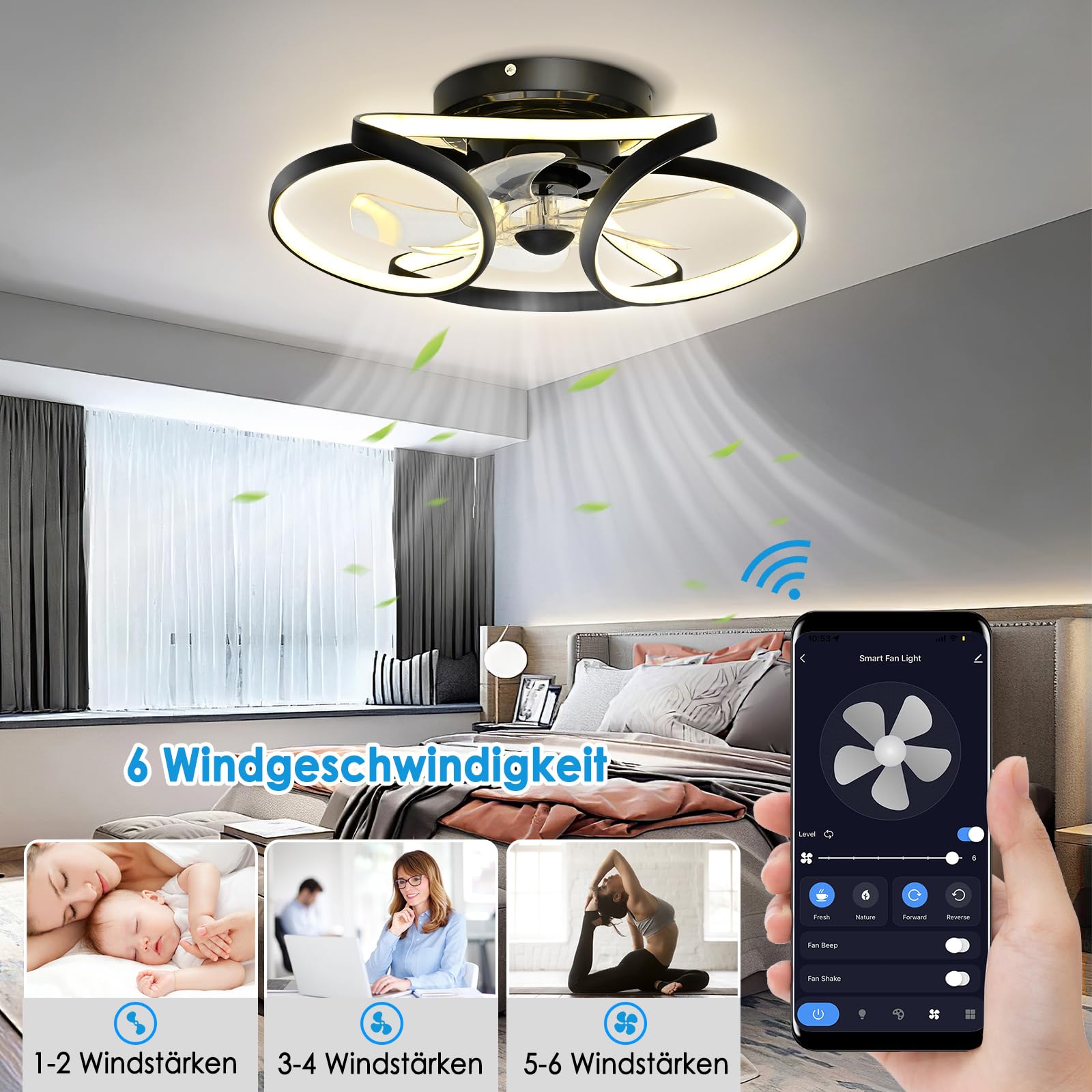 Wentylatory sufitowe z oświetleniem pilotem, niemy DC 30W LED wentylatorów, 6 prędkości wiatru, timer, inteligentne oświetlenie wentylatora w salonie, sypialnia, pokój dla dzieci, restauracja-50 cm