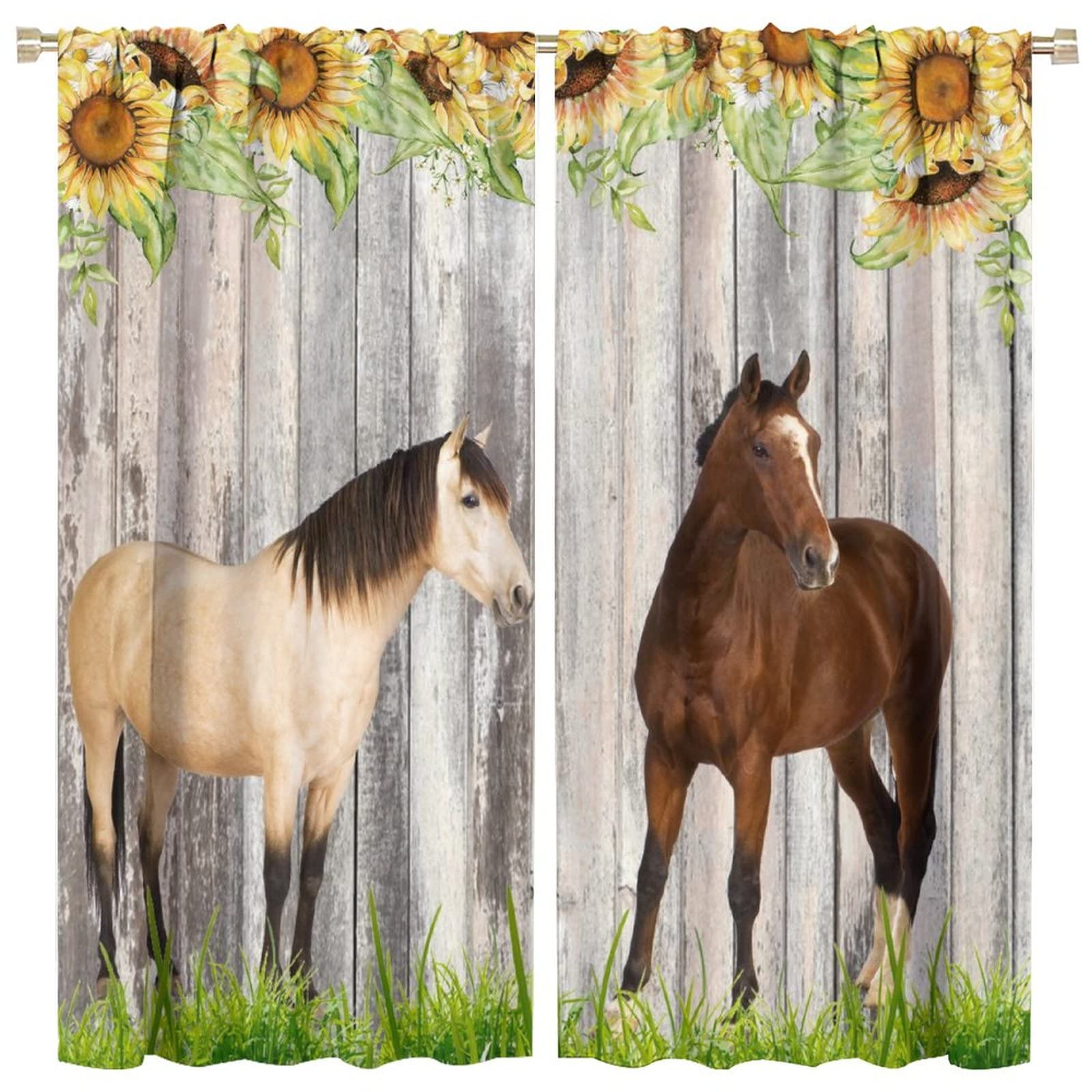 Farm Animal Curtains,Farmhouse Animals Horse Sunflower Floral Wooden Plank Background Rod Pocket Window Drapes for Living Room Bedroom Kitchen Bathroom Decor W84xL84in