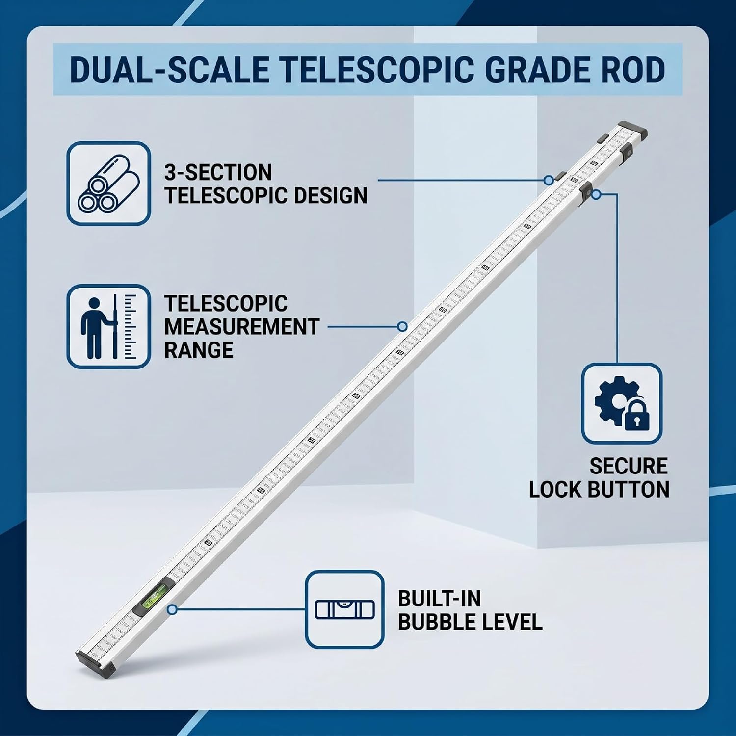 Fafeicy Aluminum Grade Rod 1180-3000mm Telescopic Leveling Rod | with Reverse Scale and Bubble Level for Home Improvement