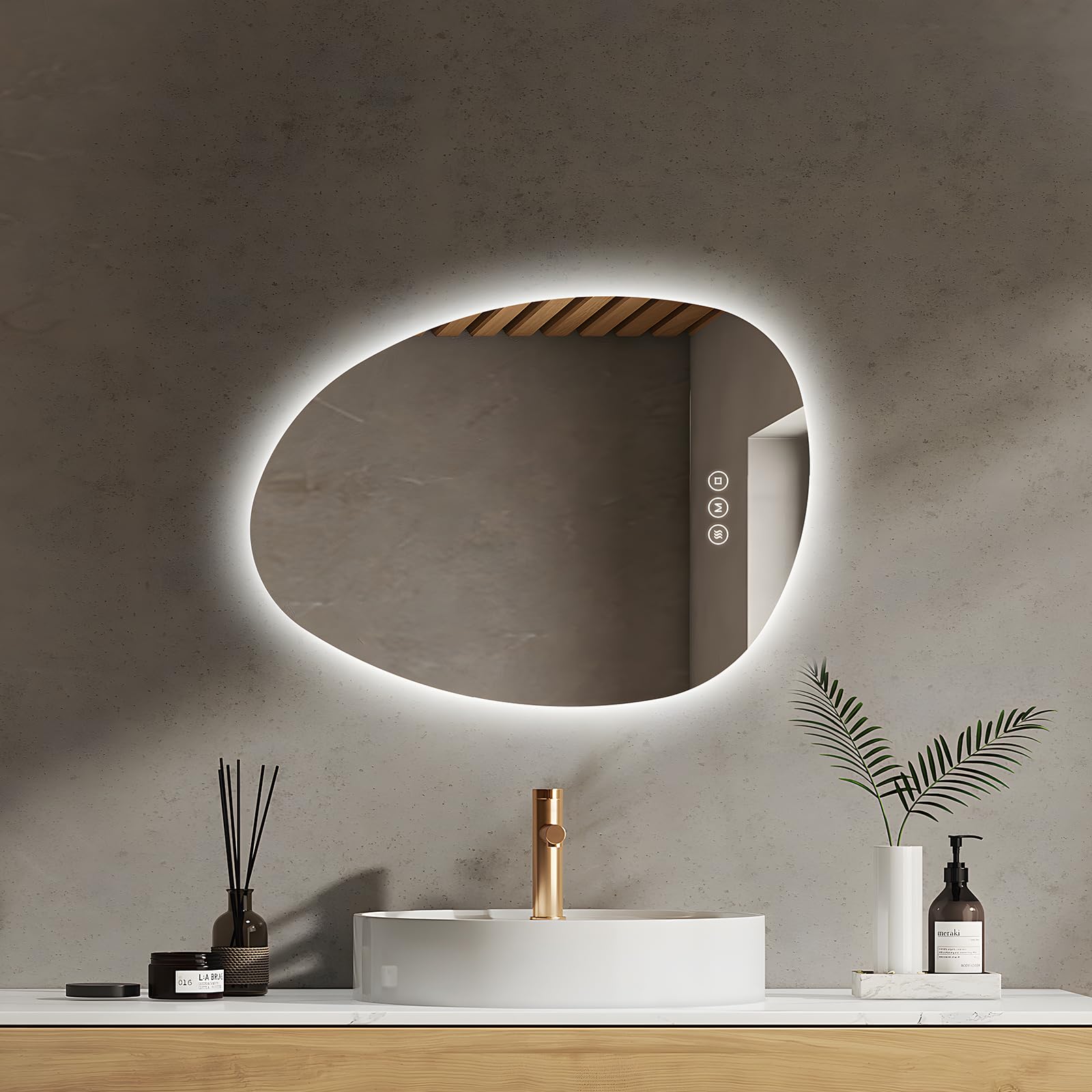 EMKE Espejo de baño con iluminación LED asimétrico, Espejo con iluminación, 65 x 45 cm, Interruptor táctil, 3 Colores de luz, Regulable, antivaho, Espejo de baño con iluminación, IP44, Ahorro de