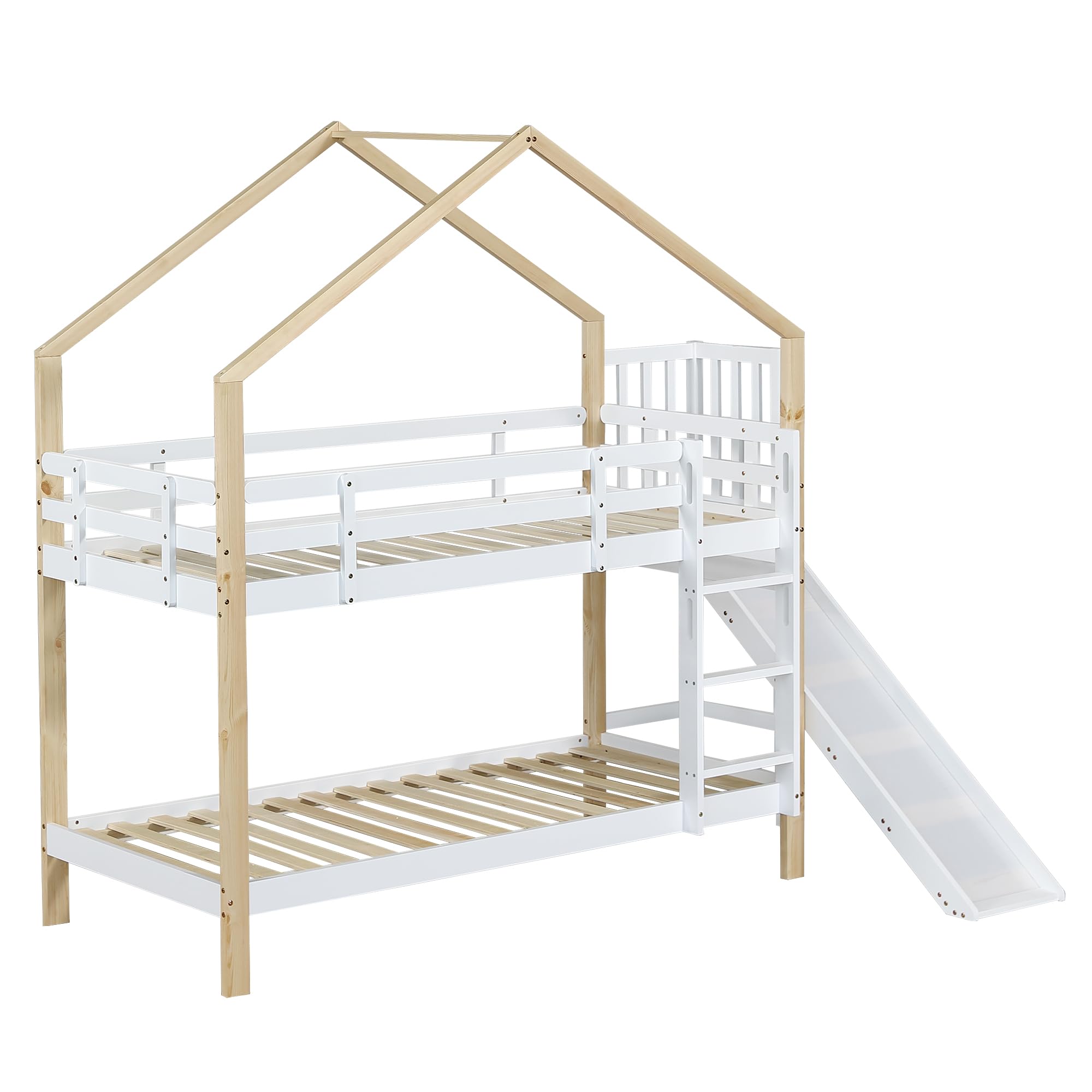 Letto a castello con scivolo e scaletta angolare a tre gradini, letto a casetta con protezione anticaduta, lettino per bambini, telaio letto in legno massello, bianco+naturale, 90x200 cm