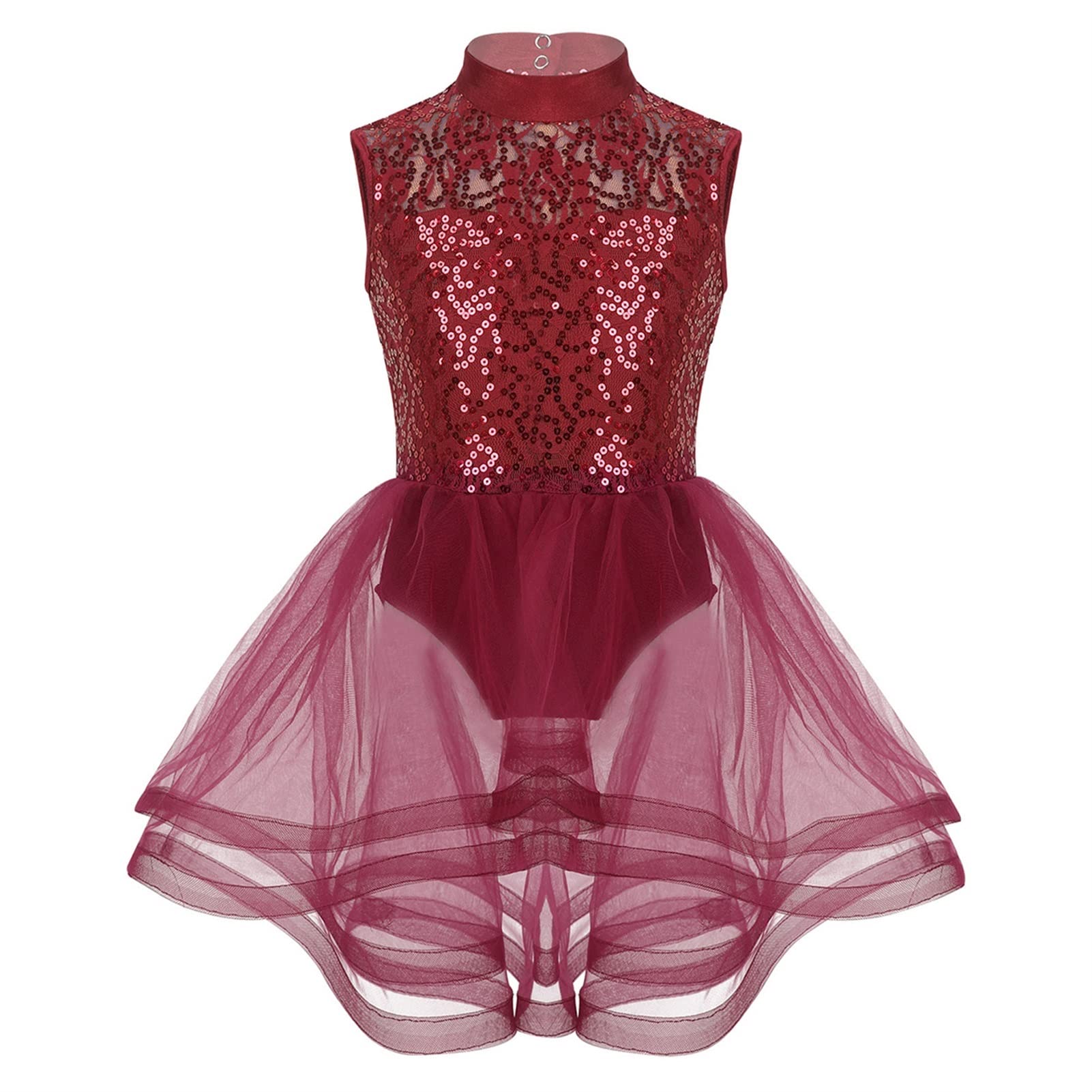 Kids Shiny Sequins Mesh Tutu Ballet Figure Skating Dress Gymnastics Leotard Performance Dance Costumes (Color : Burgundy, Size : 10)