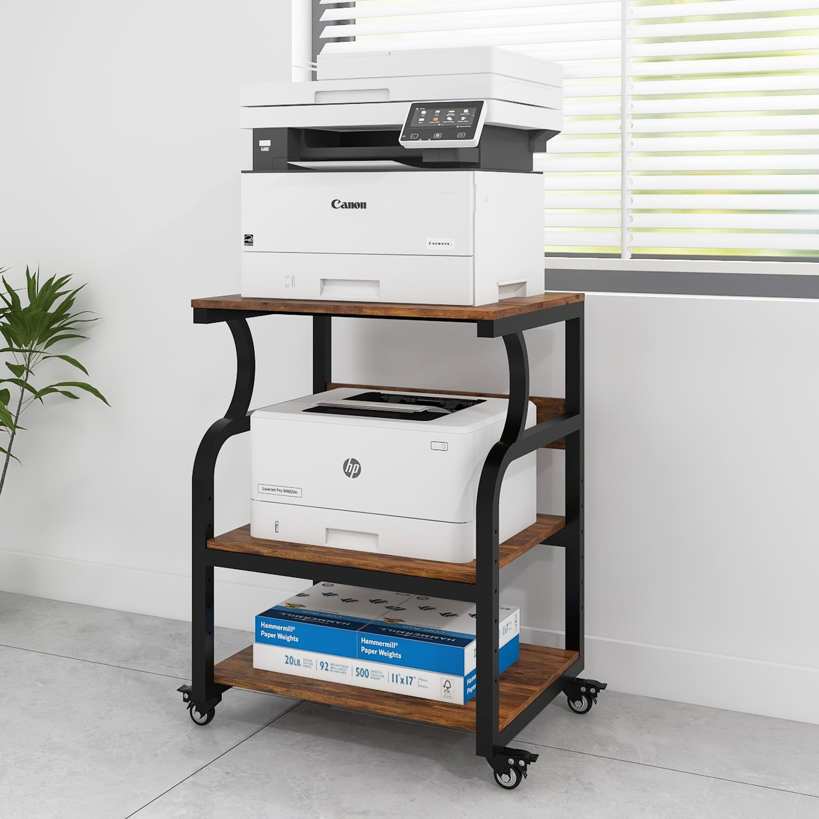 PUNCIA 3-Tier Movable Printer Stand Table with Storage, Large Rolling Cart on Wheels with Adjustable Shelf for Home Office Unit Organization Trolley for Heat Press 3D Printer Copier Machine Retro
