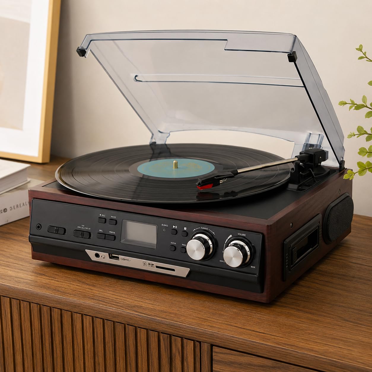 Giradischi retrò 4 in 1 con radio AM/FM, cassette e lettore CD, altoparlanti stereo doppi per la decorazione domestica