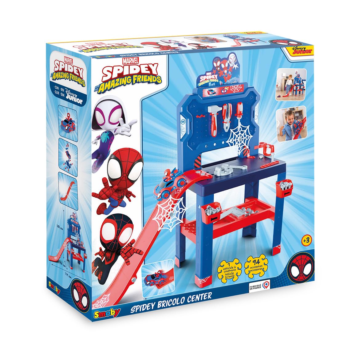 Smoby - Spidey - Bricolo Center - Fai da te - Numerose funzioni di gioco - Auto da montare - 90 accessori - Dai 3 anni - Prodotto in Francia