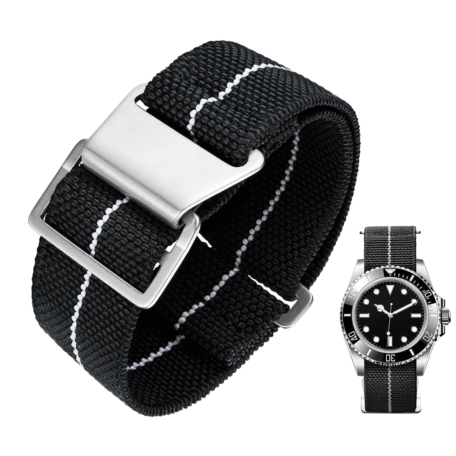 BINLUN Elástico Nylon Correa Reloj Marina Nacional Cierre de Gancho Correa para Reloj Calidad Alta con Hebilla Negra Plateada para Hombre Mujer 18/20/22mm