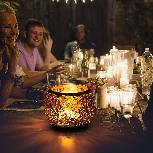 Miniatura 10 de Rancco Portavelas votivo de vidrio para candelita, juego de 6 portavelas románticos de mosaico manchado, lámpara de vela de aromaterapia agrietada