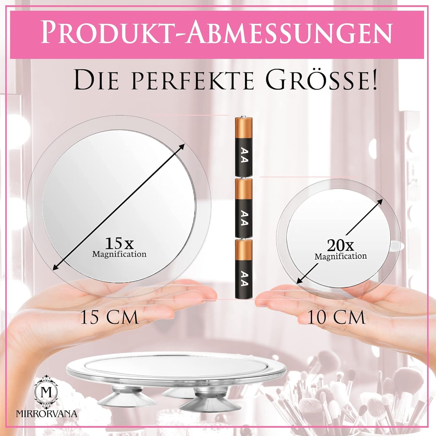 Mirrorvana Vergrößerungsspiegel 20-Fach und 15-Fach mit Saugnapf, runder Kosmetikspiegel für Make-up, Ø 15 cm und Ø 10 cm