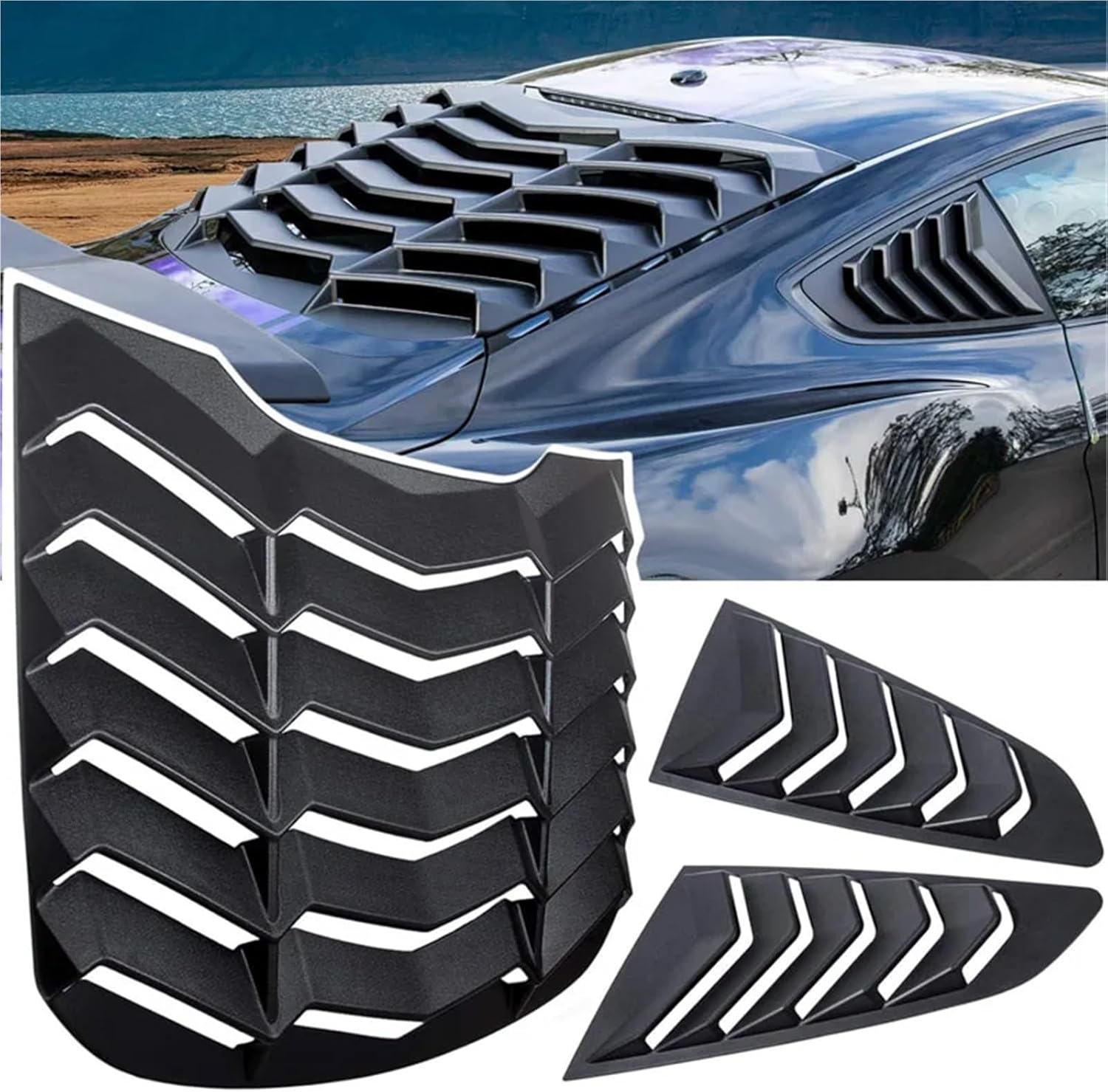 Window Louvers Rear+Side Window Louvers Compatible With Ford Mustang 2015-2023 Windshield Sun Shade Cover Vent GT Lambo Style Custom (Matte Black)